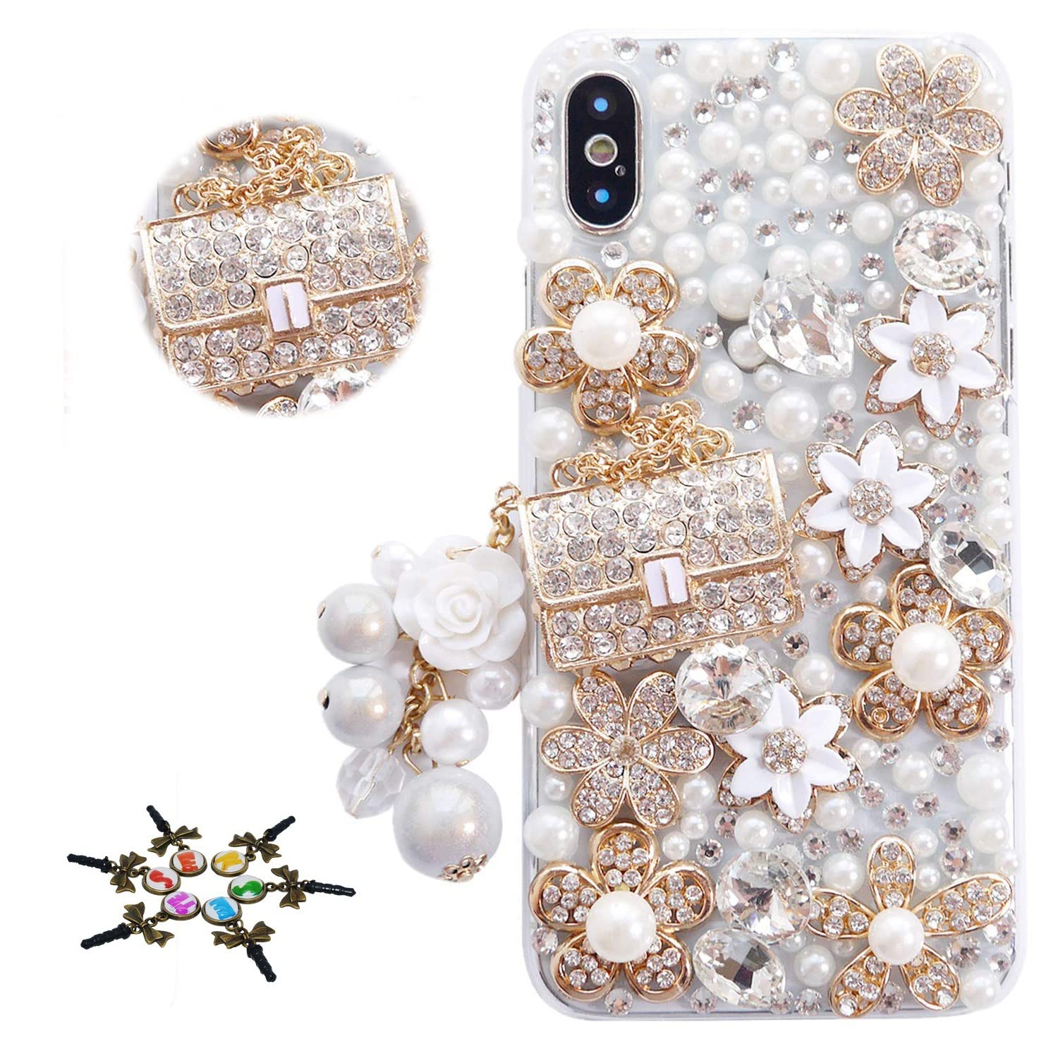 STENES Sparkle Case Compatible with Samsung Galaxy A15 5G Case - Stylish - 3D Handmade Bling Girls Bag Pearl Pendant Flower Rhinestone Crystal Diamond Design Girls Women Cover - Gold
