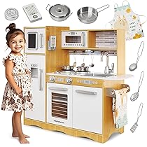 Mamabrum Cucina Giocattolo per Bambini in Legno con Luci LED – Cucina Educativa con Forno, Microonde e Accessori – Set da Gioco con Piano Cottura, Frigorifero e Utensili – 93x30x82cm – Naturale