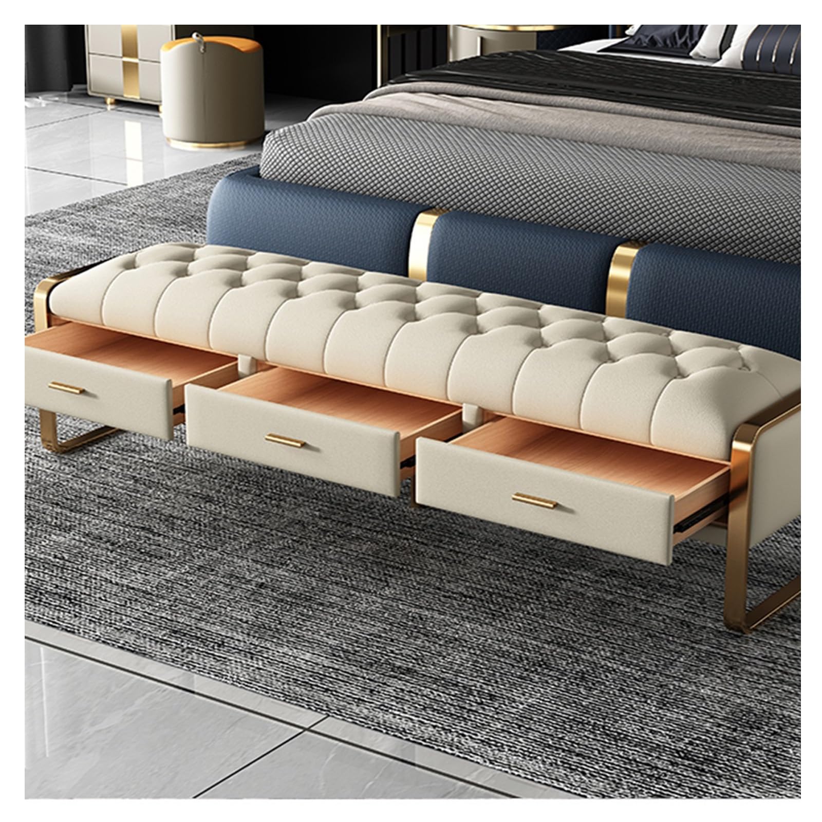 WAOCEO Ende der Bettbank Ende der Bettbank, Lederbank for Schlafzimmer, Moderne Eingangsbank mit Leder gepolsterte Esszimmerbank, Bank mit Metallbeinen Bank für Schlafzimmer