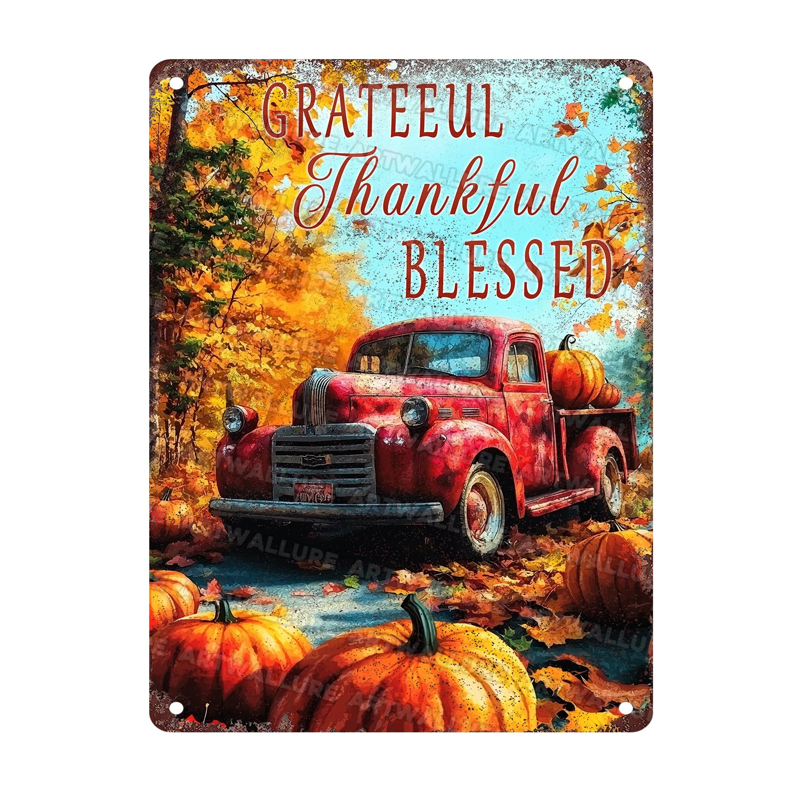 Pumpkins Thanksgiving Day Vintage Tin Sign Grateful Thankful Blessed Red Truck Metal Tin Sign for Pub Club Cafe bar Home Wall Art Decoration Poster 12x16inch