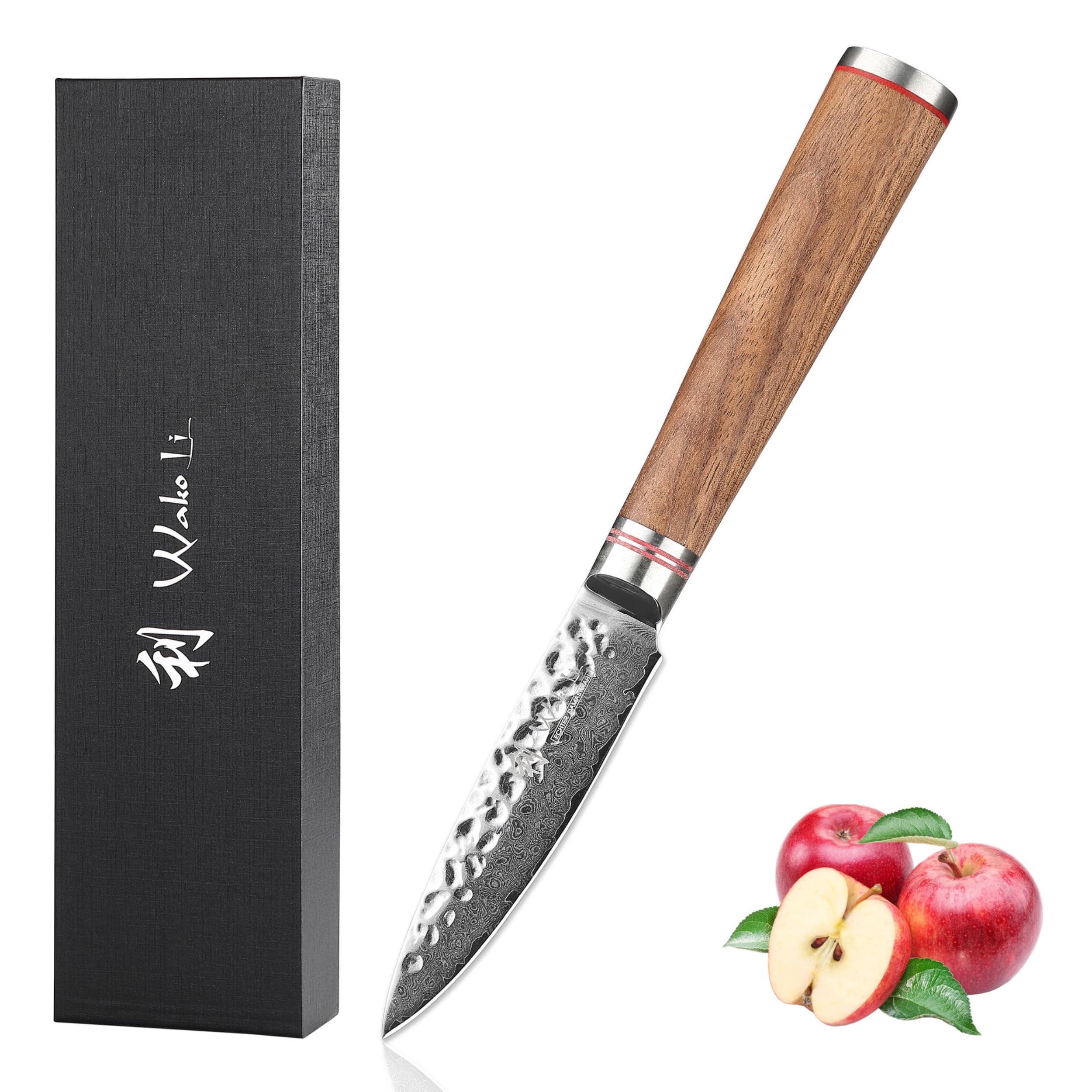 Wakoli Nussbaum Officemesser 9 cm aus 67 Lagen Damaststahl mit VG10 Kern | Mit Hammerschlag, Nussbaumholzgriff und 15° V-Schliff zum Schälen, Putzen und Dekorieren von Obst und Gemüse, in Geschenkbox