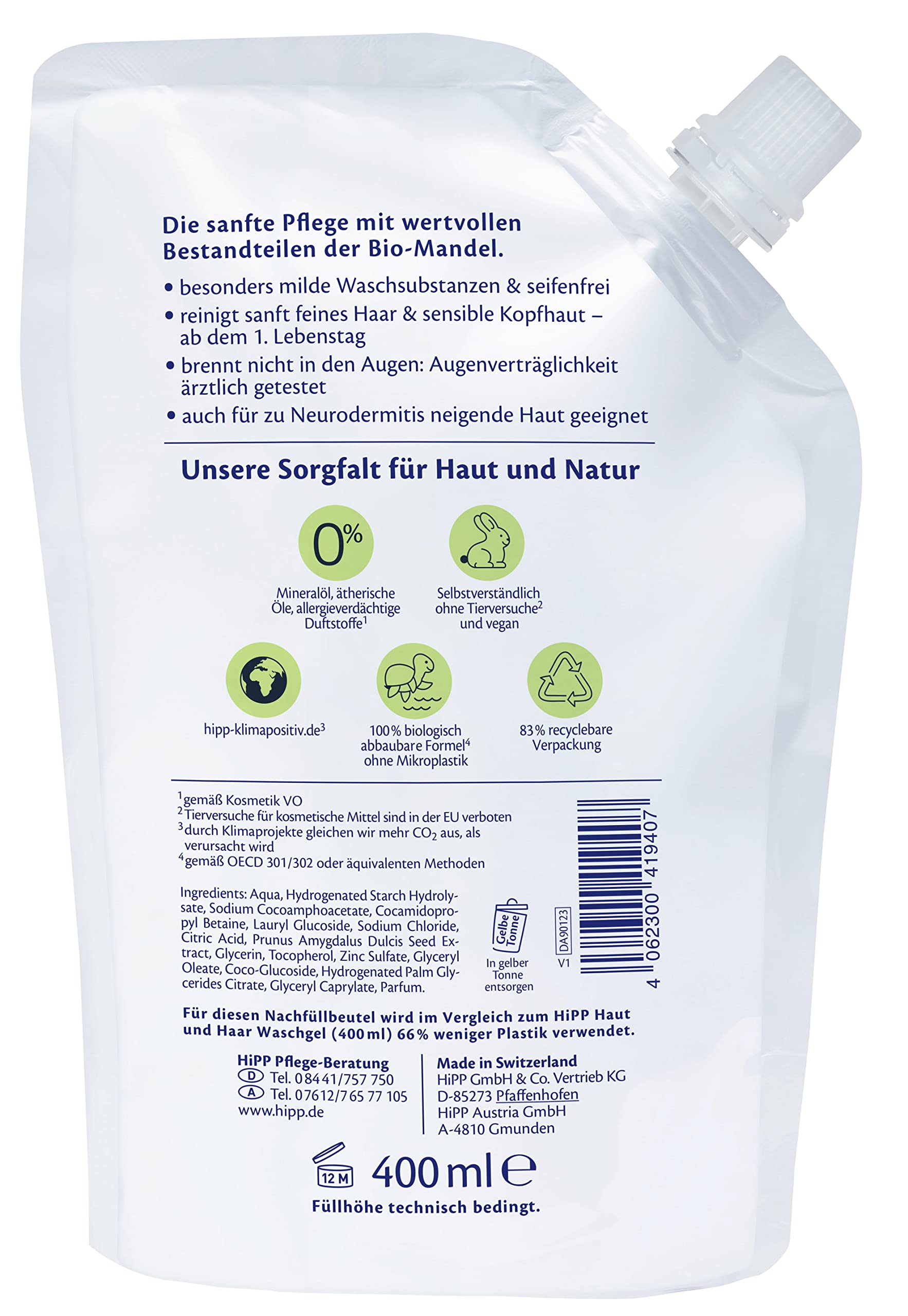 HiPP Babysanft Żel do mycia skóry i włosów, 6 sztuk (6 x 400 ml)