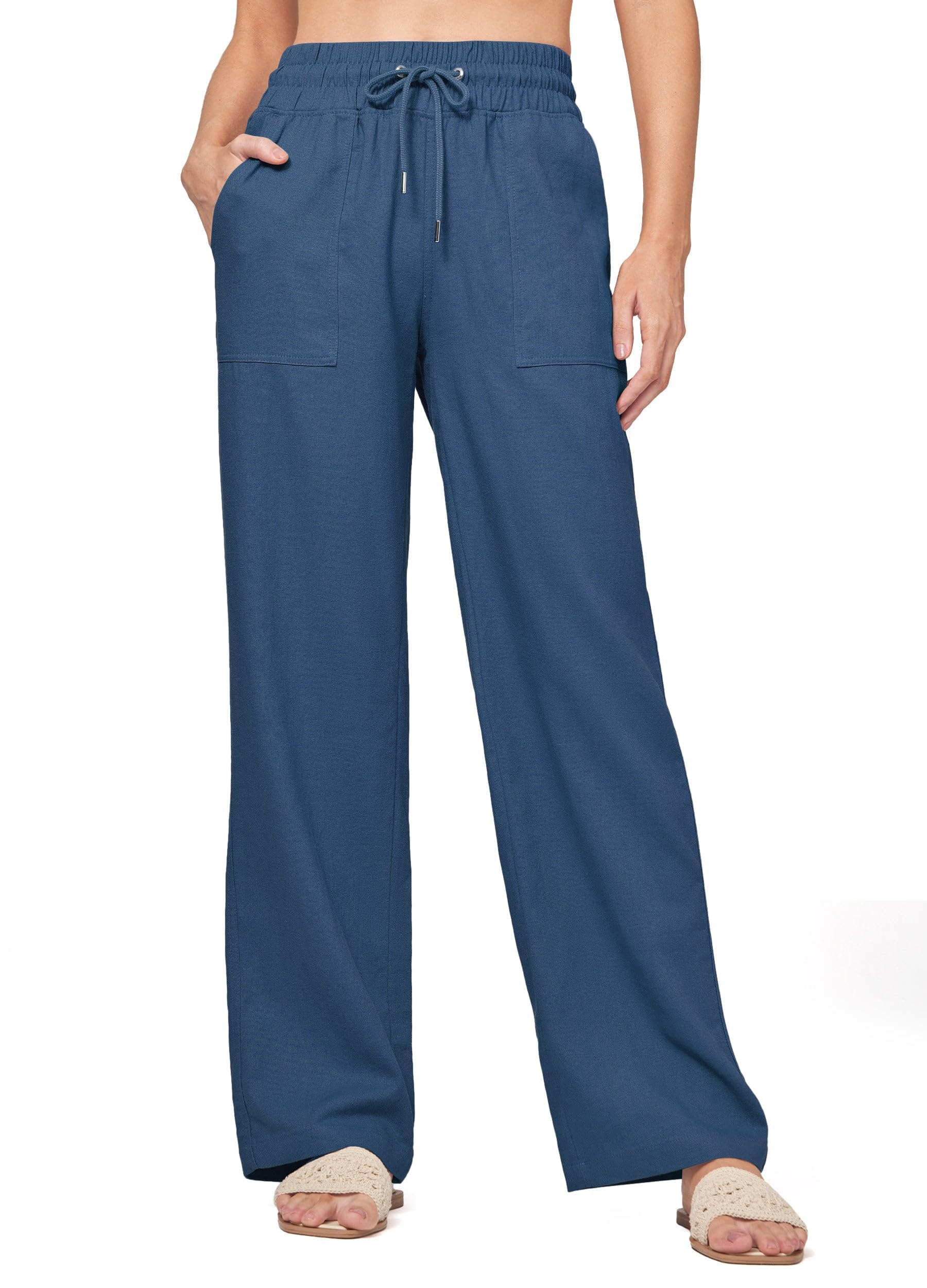 Yunmlep Damen Hose Sommer Leinenhose Lässige Baumwolle Leinen Stoffhose Freizeithose Leichte Sommerhose Strandhose Bequeme Palazzo Hose und Taschen
