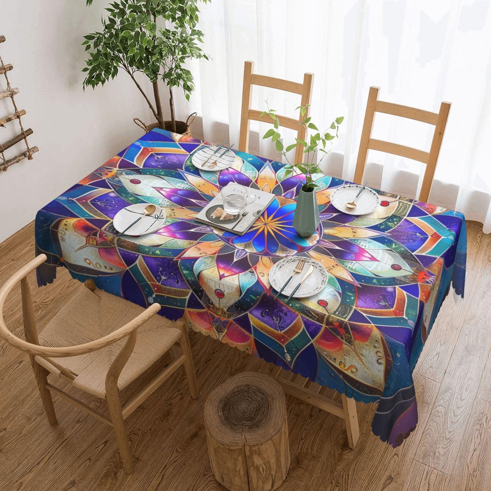 WPKJU Rectangle Mandala Printed Rectangle Tablecloth 72x54 Inch with Lace Trim, Water-Resistant Washable Table Cover for Farmhouse Weddings, Outdoor Picnics & Holiday Dining