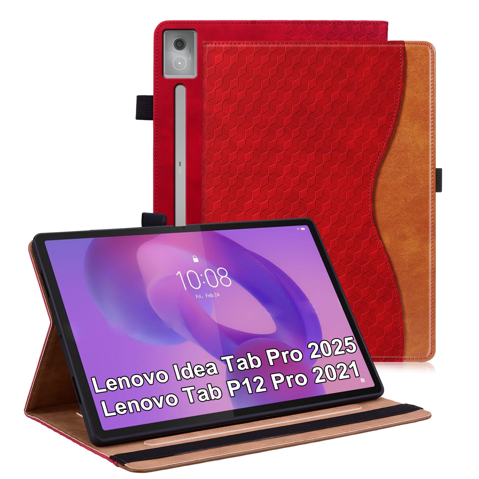 Vkooer Hülle für Lenovo Idea Tab Pro 12.7 Zoll 2025/Lenovo Tab P12 Pro Schutzhülle mit Pencil Halter Ledertasche Cover Case mit Auto Schlaf/Aufwach Kartentasche für Lenovo Tab Pro - Rot