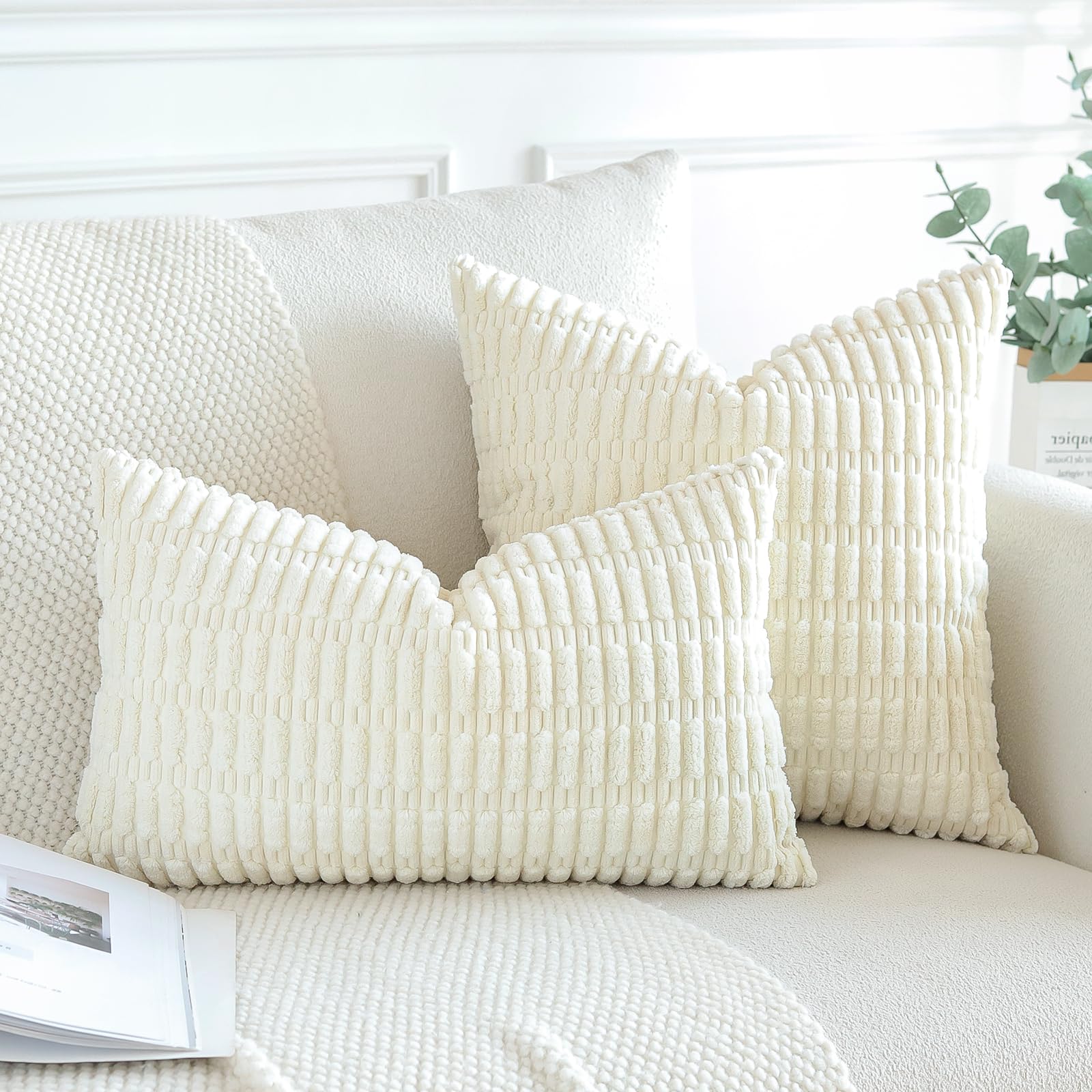 JOTOM Pack of 2 Corduroy Soft Striped Cushion Covers 40x40 cm 16x16 Inch Boho Decorative Throw Pillow Covers Square Cushion Case Home Decor Pillow Cases for Couch Sofa Living Room Bed (Cream White) - Image 4