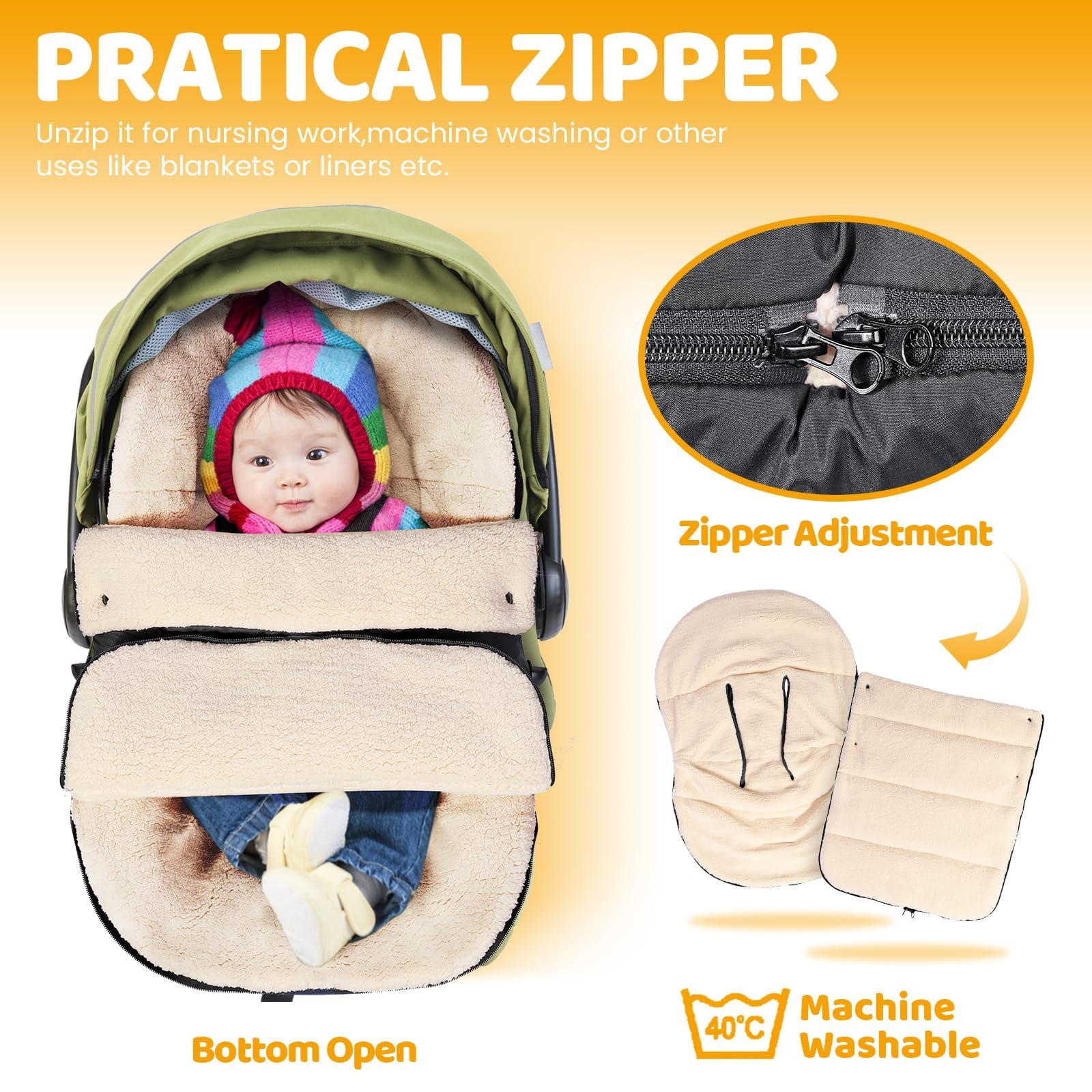 Orzbow Sacco Ovetto Invernale 0-6 Mesi, Regolabile Sacco Termico per Ovetto con Cerniere, Facile Accesso, Impermeabile Coperta Ovetto Neonato Invernale con Pile Berbero, Caldo, Nero
