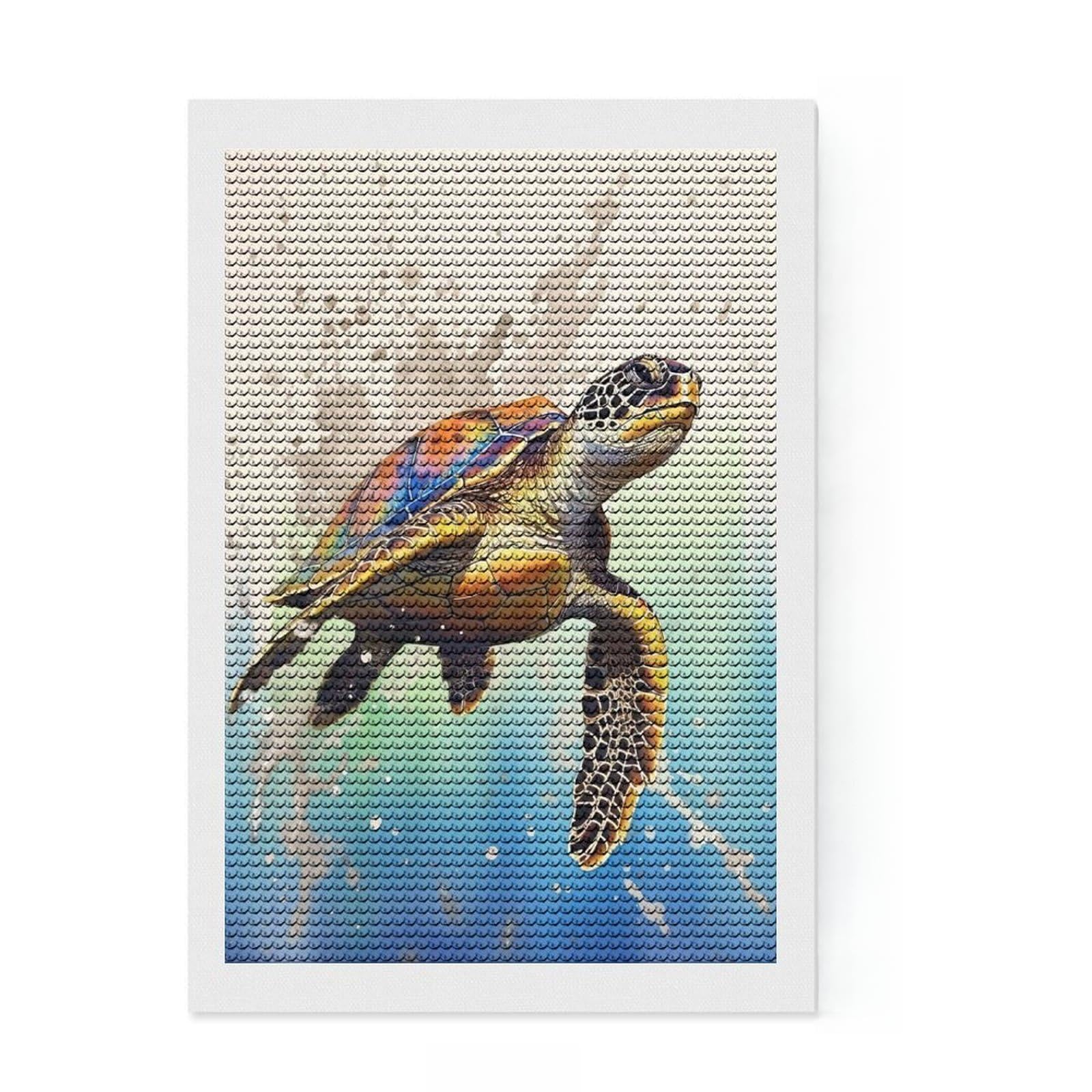 Junmoney Turtle Watercolor DIY Diamond Art Canvas Kit 8"x12", Neat Printed Canvas, Mindful Craft Activity, Office Decor, Gift Idea