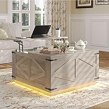 Jocoevol Farmhouse Lift Top Coffee Table, Square Wood Center Table with LED Lighting, USB-C Charging Station, and Hidden Storage Compartment - Rustic Grey Living Room Furniture