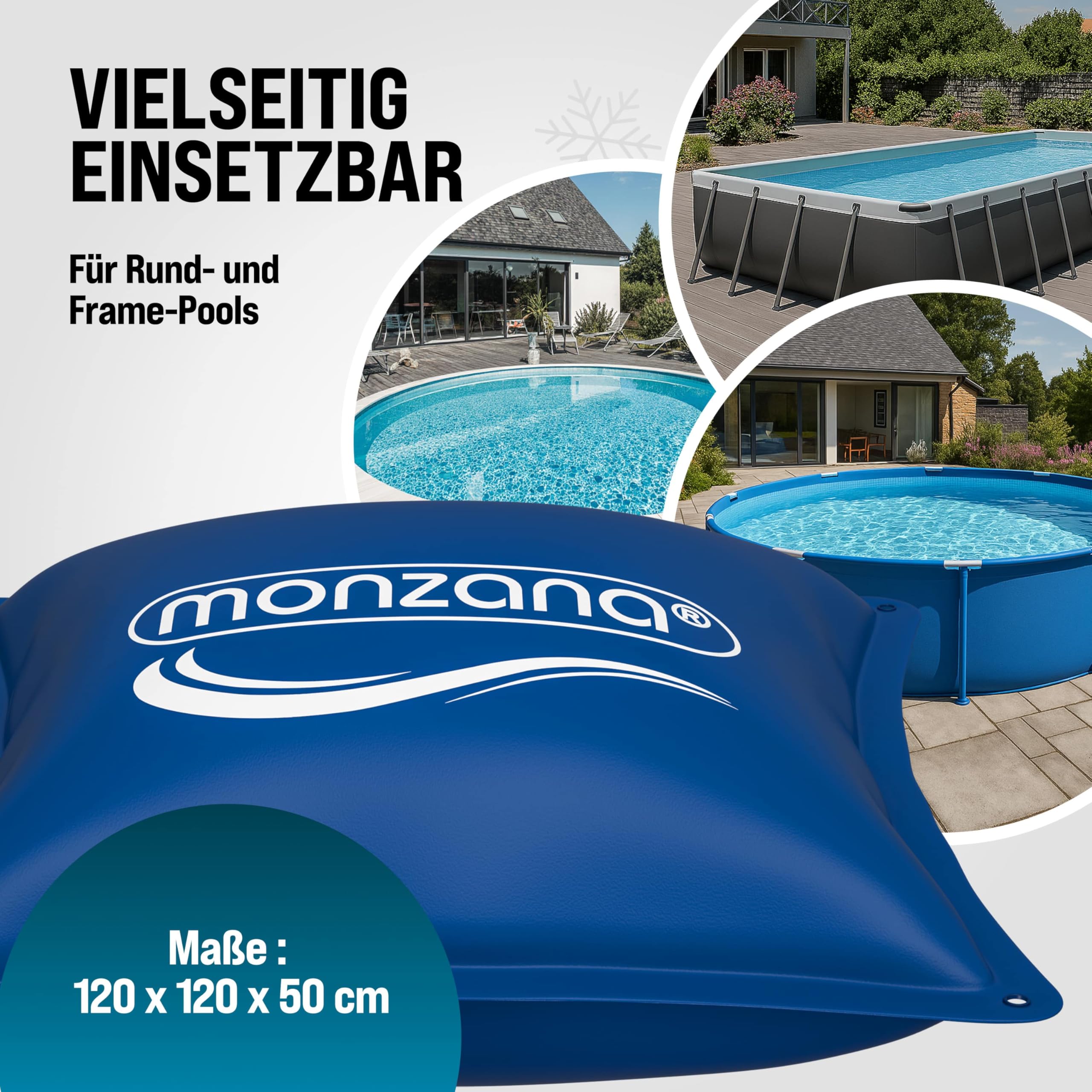 MONZANA® 6X Poolkissen Winter XL Chlorbeständig Seil PVC Verstärktes Material bis -20°C Doppelnaht Sicherheitsventil 4 Ösen Luftkissen Pool Abdeckung