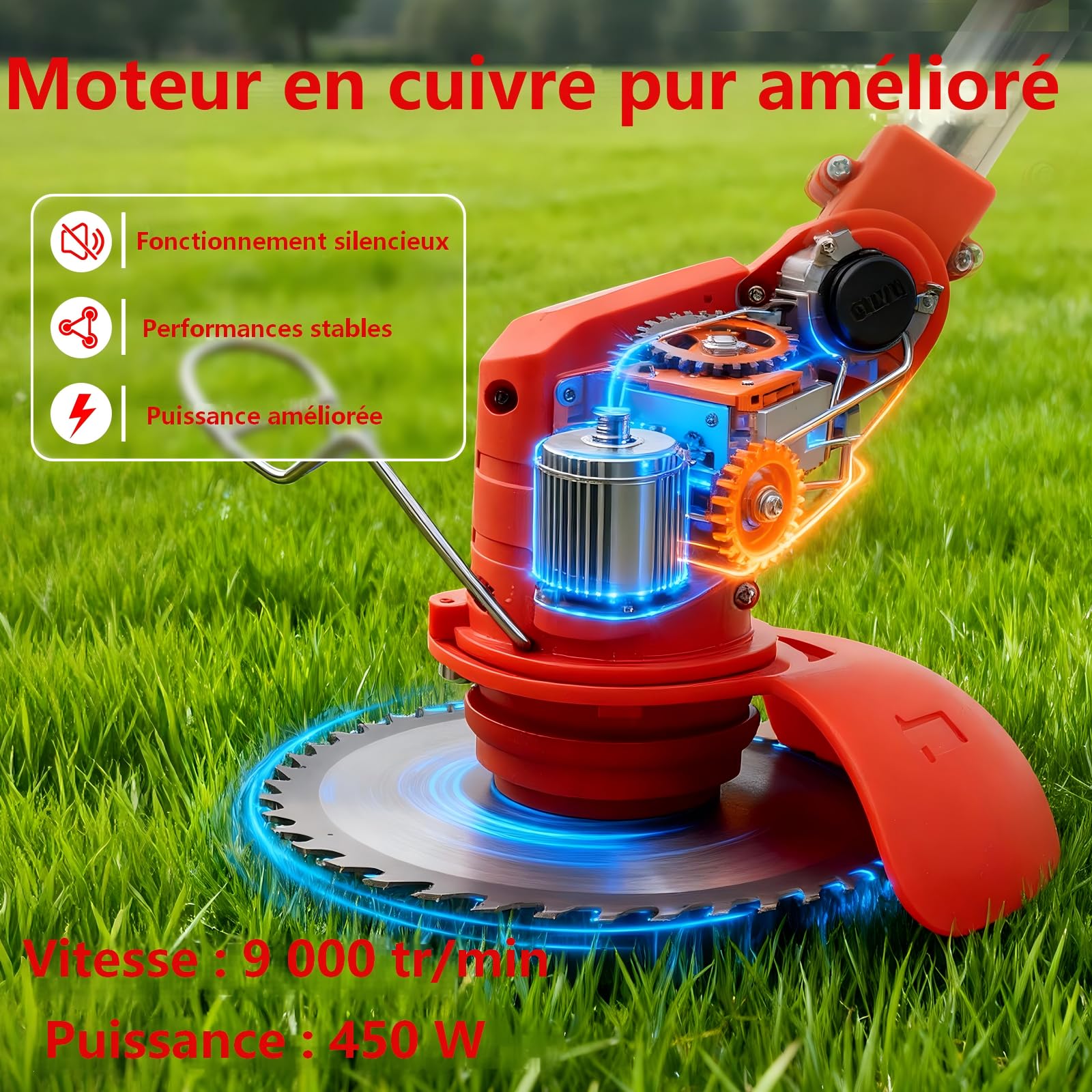OUTIGO Debroussailleuse Electrique sans Fil, Débroussailleuse à Gazon Pliable avec 2 Batteries et 4 Types de Lames, Triple poignée Pliant, Pelouses et Terres Agricoles