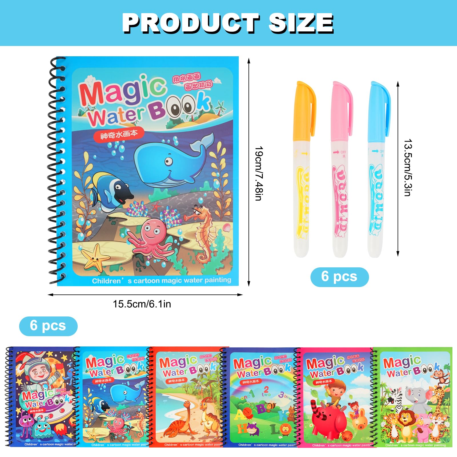 WHC Confezione da 6 Penne ad Acqua, Libro da Disegno Magic con Penna | libro da colorare riutilizzabile ad acqua per ragazzi e ragazze giocattolo educativo da disegno a tema oceano e animali