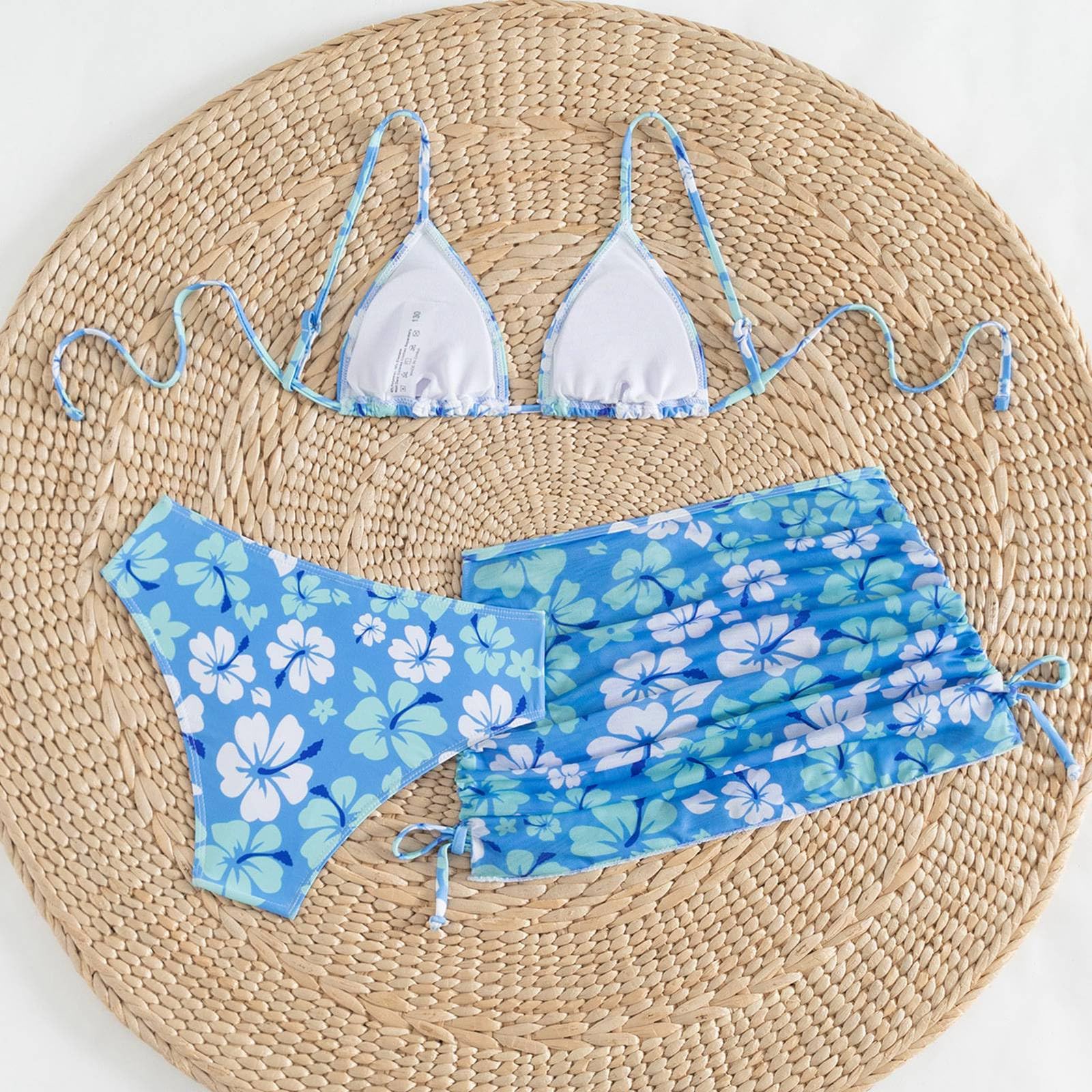 Conjunto de Bikini Niña 3 Piezas 7-14 Años Traje de Baño Niña Adolescente Natacion Bañador Piscina Trikini Tankini Deportivo Triangular y Bragas con Falda Flores Playa Vacaciones Verano