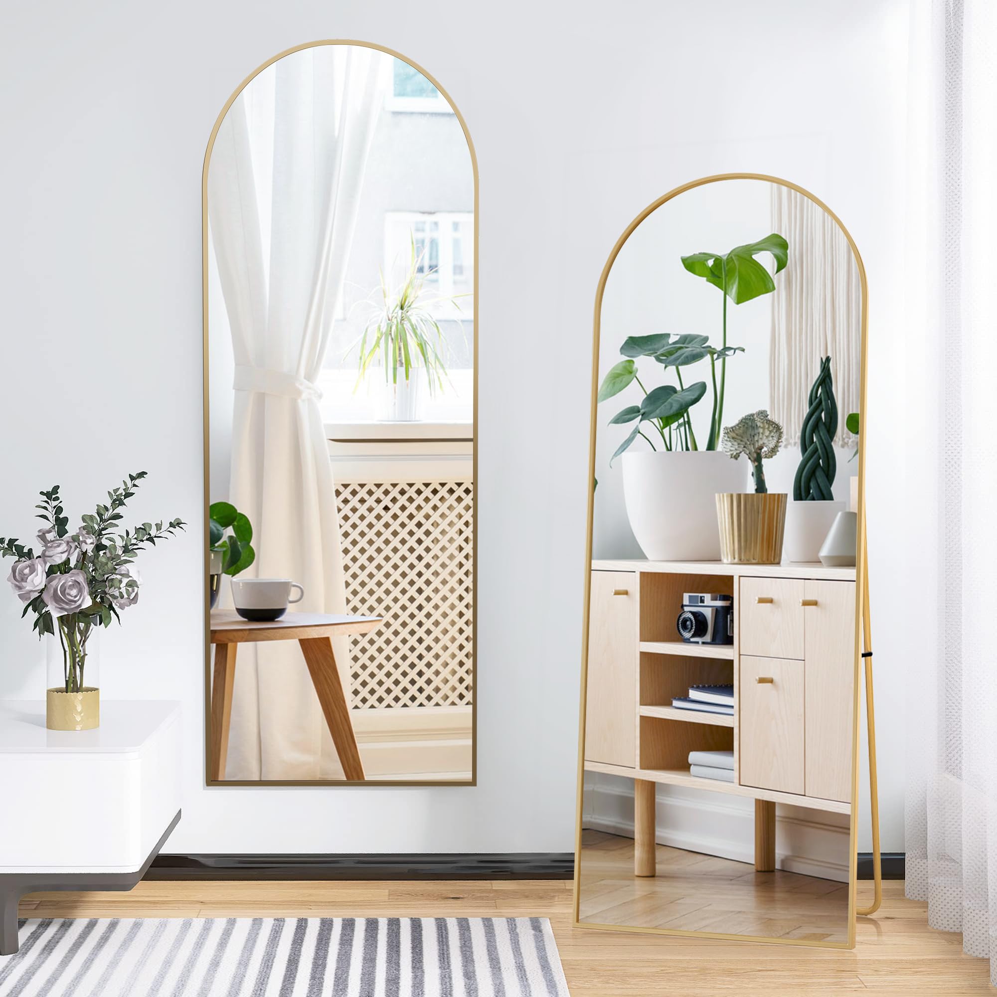 Ganzkörperspiegel, 177x 77cm Gewölbter Standspiegel Groß in Voller Länge, Wandspiegel mit Aluminiumlegierung Rahmen und Bruchsichere Glas, Bodenspiegel für Wohnzimmer, Ankleide, Gold