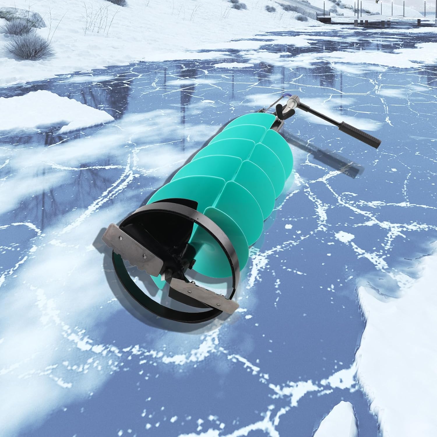 Ice Fishing Auger, 8 Diameter Nylon Ice Auger with Centering Point Blade, 39 Length Ice Auger Bit, Auger Drill with 14 Extension Rod, 2PCS Blades & Blade Guard for Ice Fishing Ice Burrowing