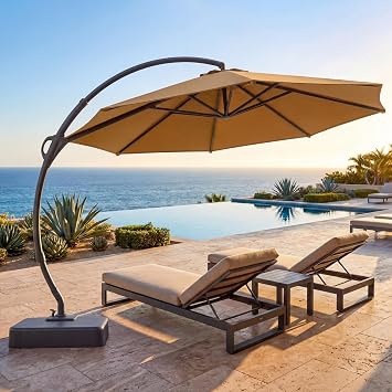 LAUSAINT HOME 10FT Cantilever Patio Umbrella with Base, 360 Rotation Offset Hanging Umbrella, Heavy Duty Curvy Outdoor Umbrella for Backyard, Poolside, GardenTan