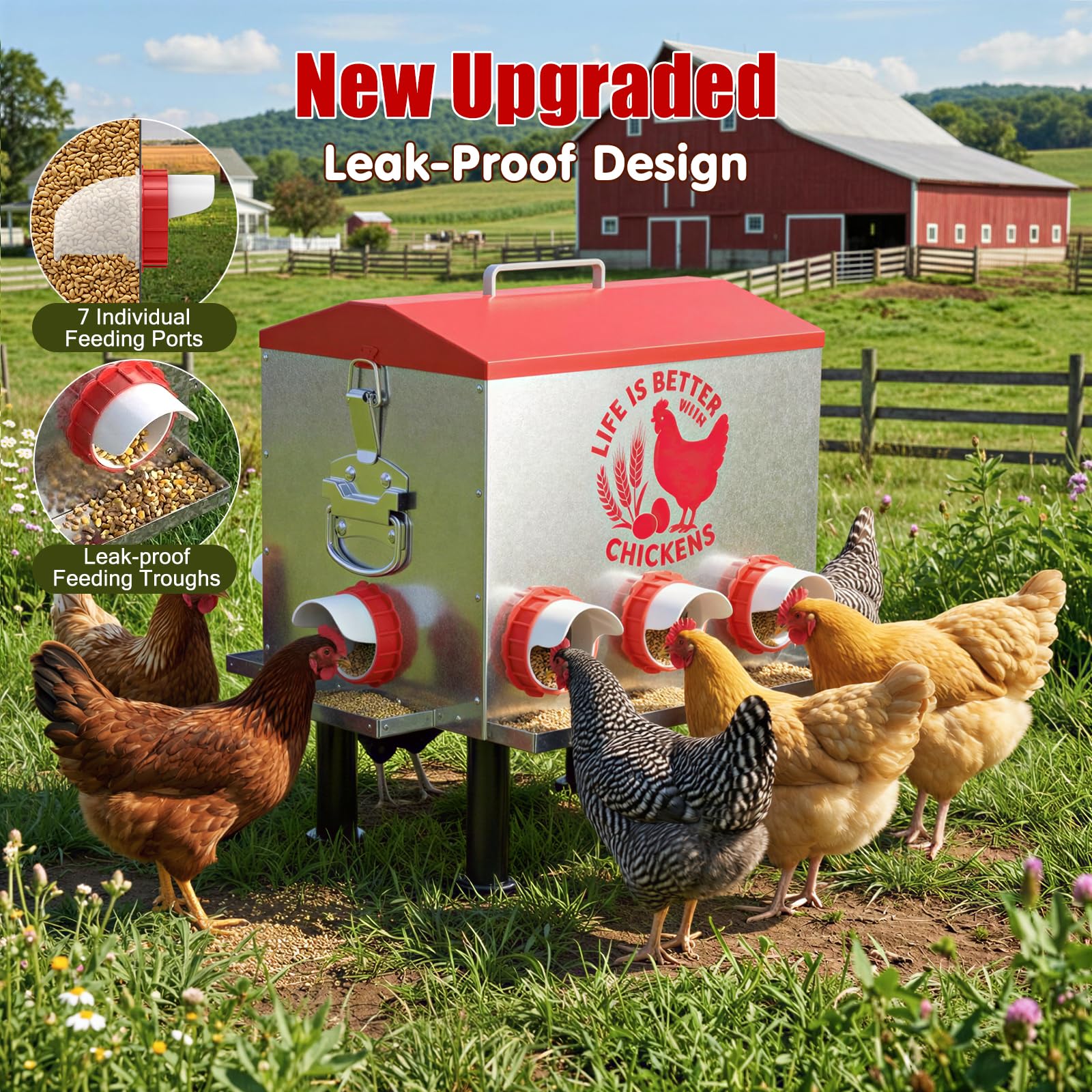 Pawaboo Comedero automático para pollos de 55 libras, comedero de aves de corral de gran capacidad, 7 puertos de alimentación, ventana de nivel de alimentación visible, patas ajustables en altura