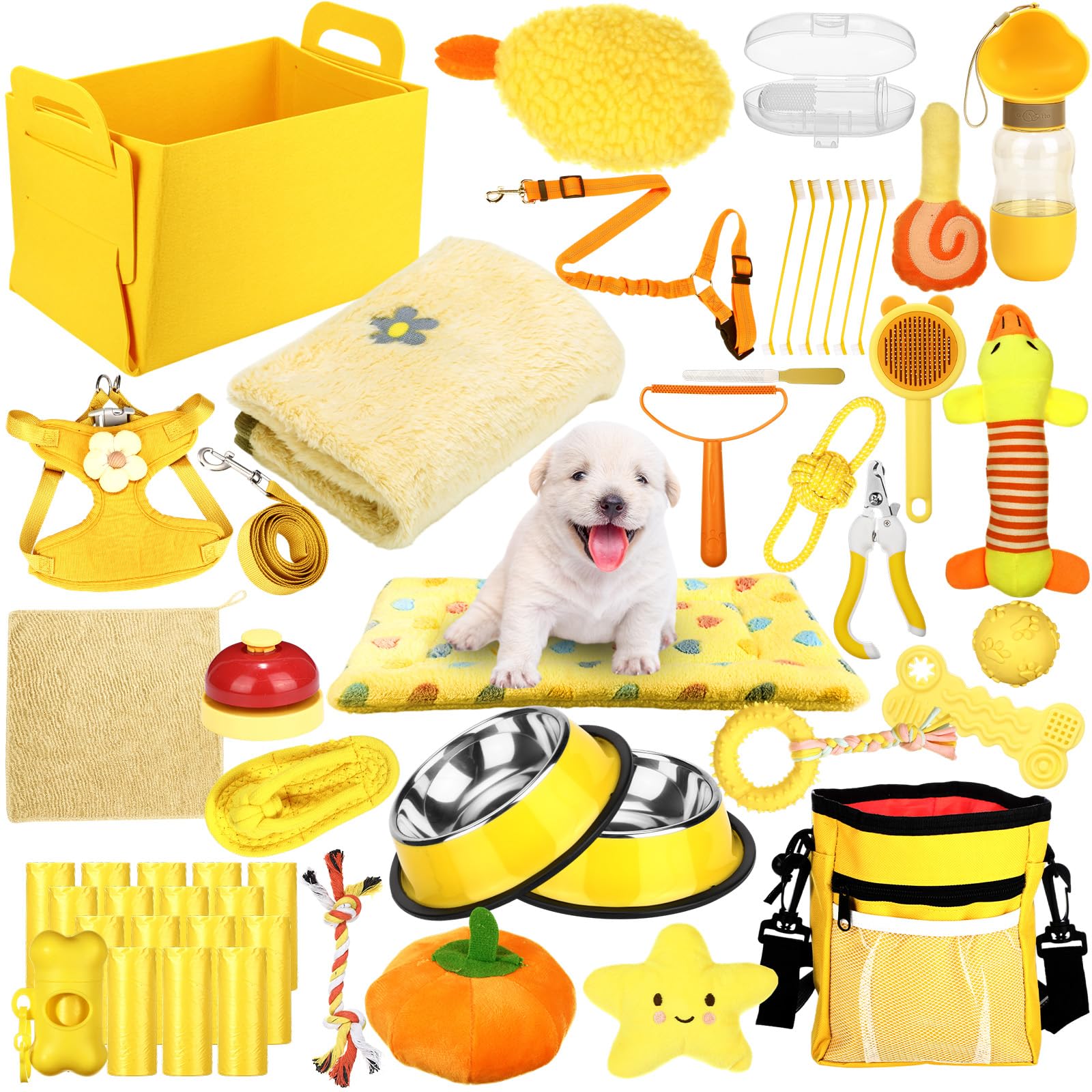 Abbylike 50 pz Puppy Starter Kit per cani di piccola taglia, include guinzaglio, ciotole, spazzolini da denti, bottiglia d'acqua e altri accessori per cuccioli per cani, regalo di benvenuto (giallo)