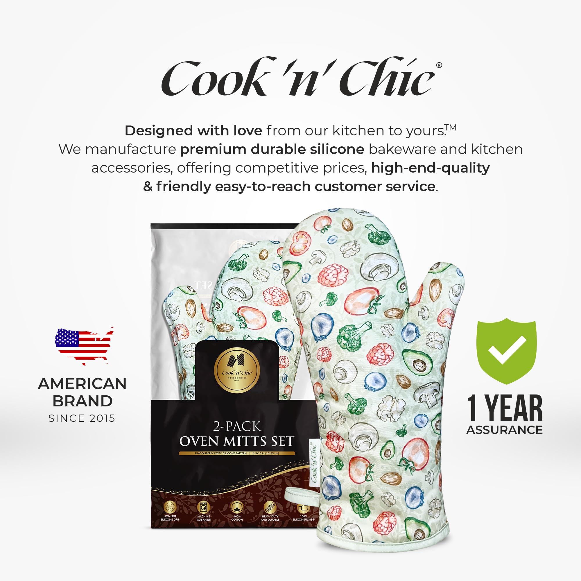 Cook'n'Chic - Guantes de horno resistentes al calor, elegantes y hermosos, agarre de silicona platino antideslizante, largos y gruesos, exterior 100% algodón natural y forro de tela de rizo suave,
