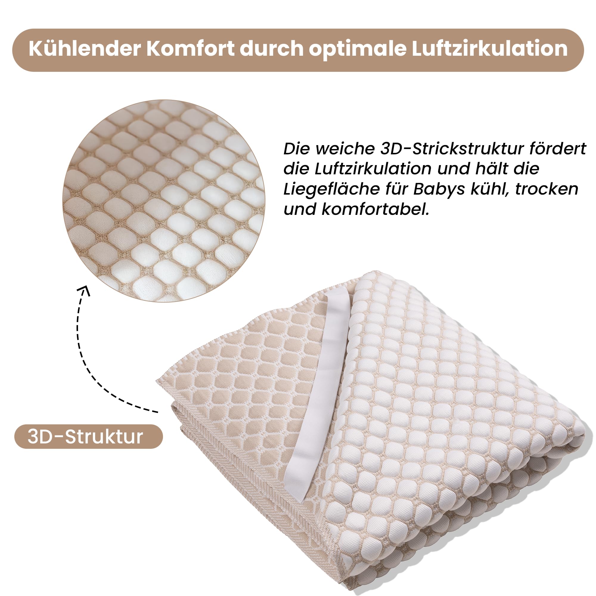 Baby Matratzenauflage 70x140 cm – Oeko-TEX Zertifiziert, atmungsaktiv & weich – 3D-Strick mit Gummizug mit 4 Eckgummis, Weiss/Beige