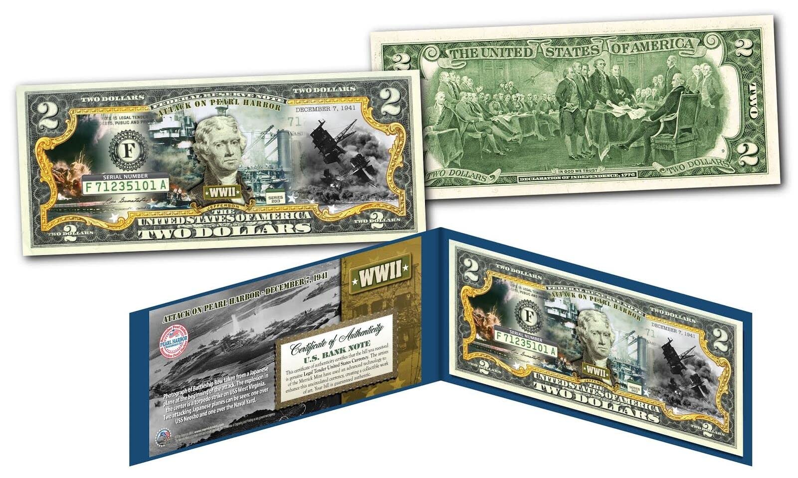 World WAR II Attack On Pearl Harbor - December 7th 1941 Uncirculated Two Dollar Bill Special Edition Collectible Display Holder and Certificate