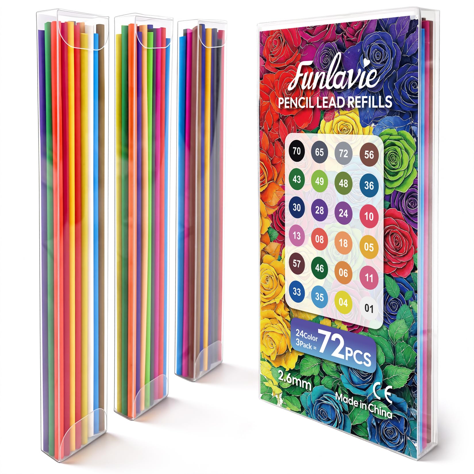 FUNLAVIE 2.6 mm Coloured Mechanical Pencil Lead Refills, 72 PCS (3 Packs of 24 Assorted Colours), Oil-Based Soft Core Refills，Vivid Colours for Drawing，Sketching & Art