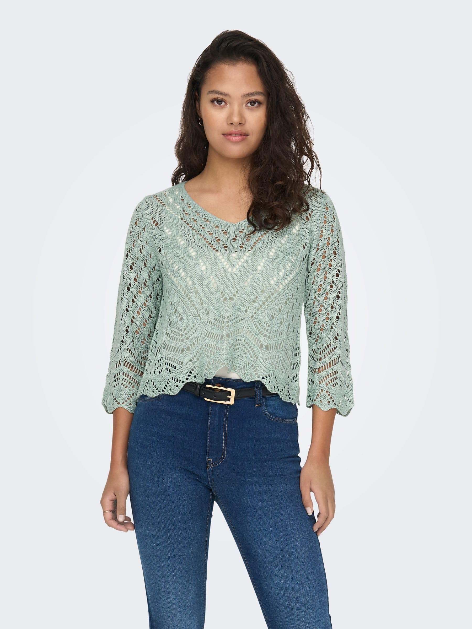 JDY Jdynew Sun 3/4 Cropped Pullover Knt Noos Camisa Crochet con Cuello en V Mujer (Pack de 1)