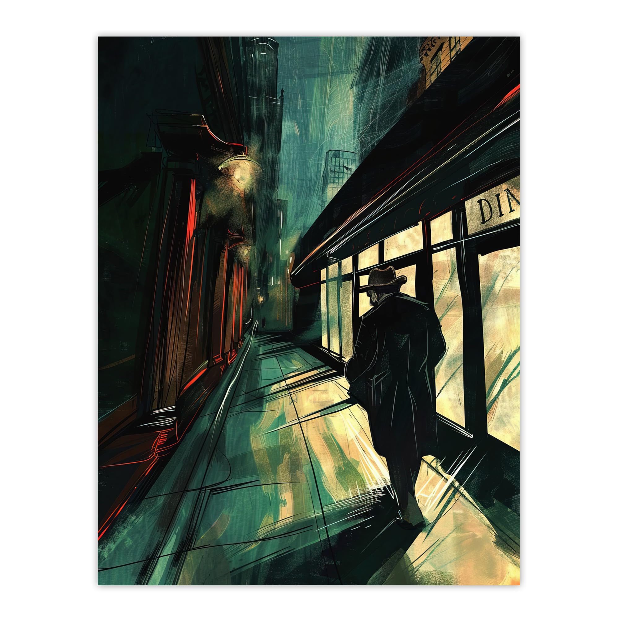 Artery8 Moody Stroll in Alleyway Painting Dark Film Noir Living Room Large Wall Art Poster Print Thick Paper 18X24 Inch