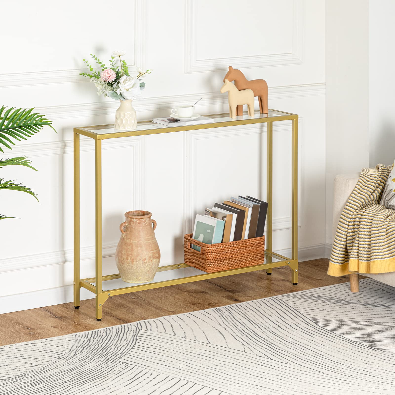 HOOBRO Tavolo Console a Ripiani, 100 cm Tavolo Ingresso con Piano in Vetro Temperato, Tavolo Display per Decorazione, Telaio in Metallo, Soggiorno, Corridoio, Oro Metallico e Trasparente EGD04XG01