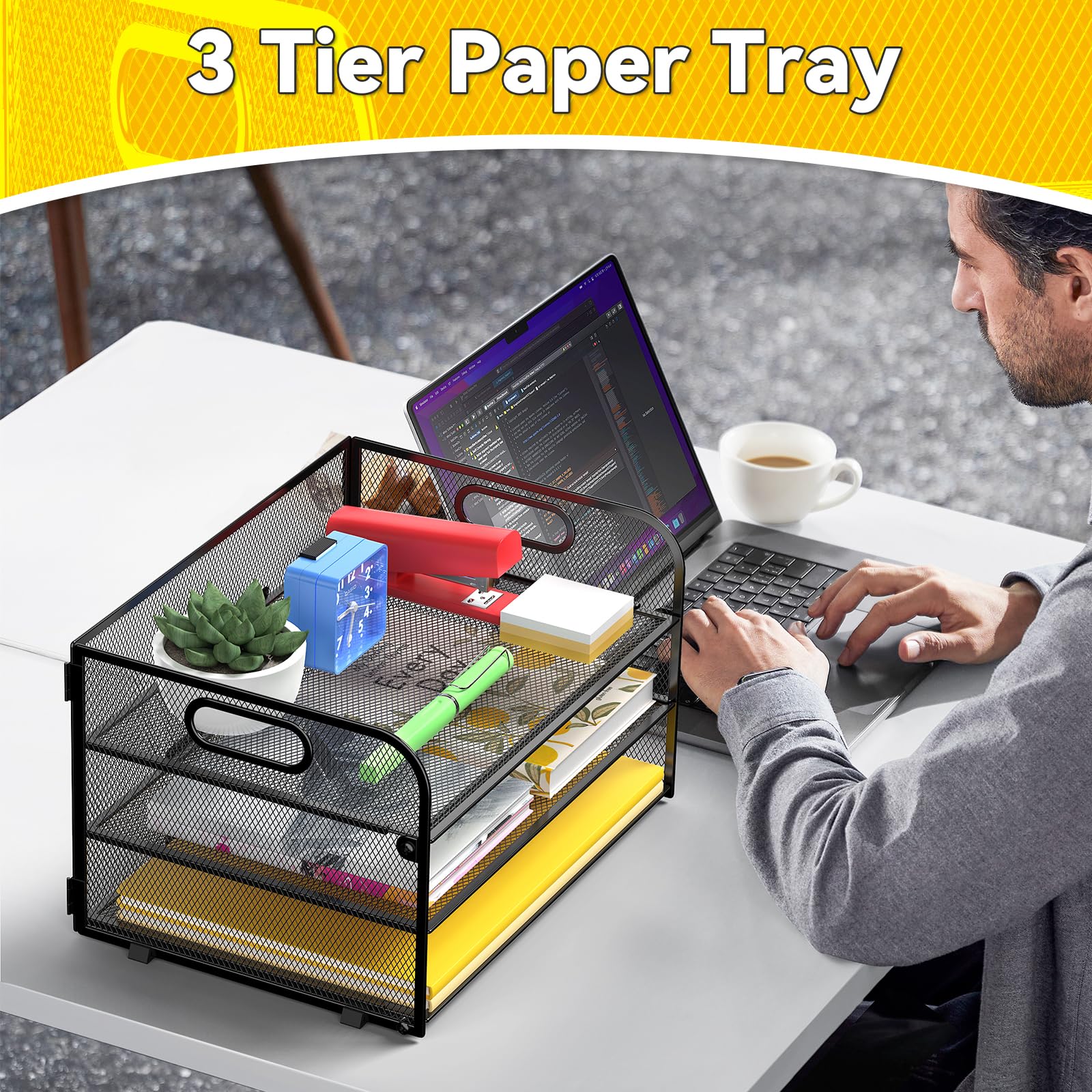 MINDEPOT Bandeja organizadora de papel de 3 niveles con asa, bandeja de malla para cartas, oficina, hogar, escuela (1 paquete), color negro