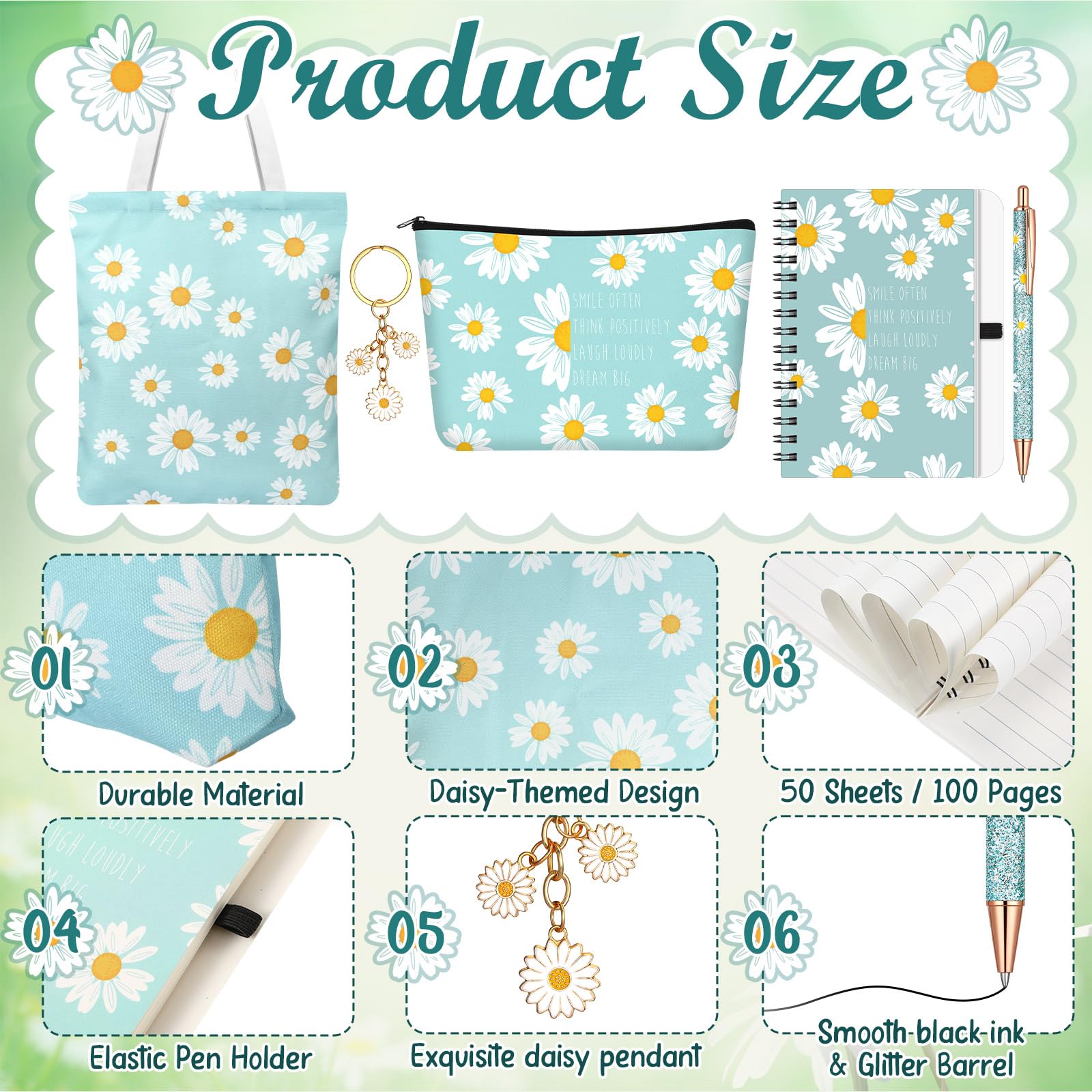 5 Pcs Cute Gifts Set for Women Include Tote Bag Cosmetic Bag Keychain Pen Notebook,Inspiring Gifts for Friendship Birthday Christmas Coworkers Family(Daisy)
