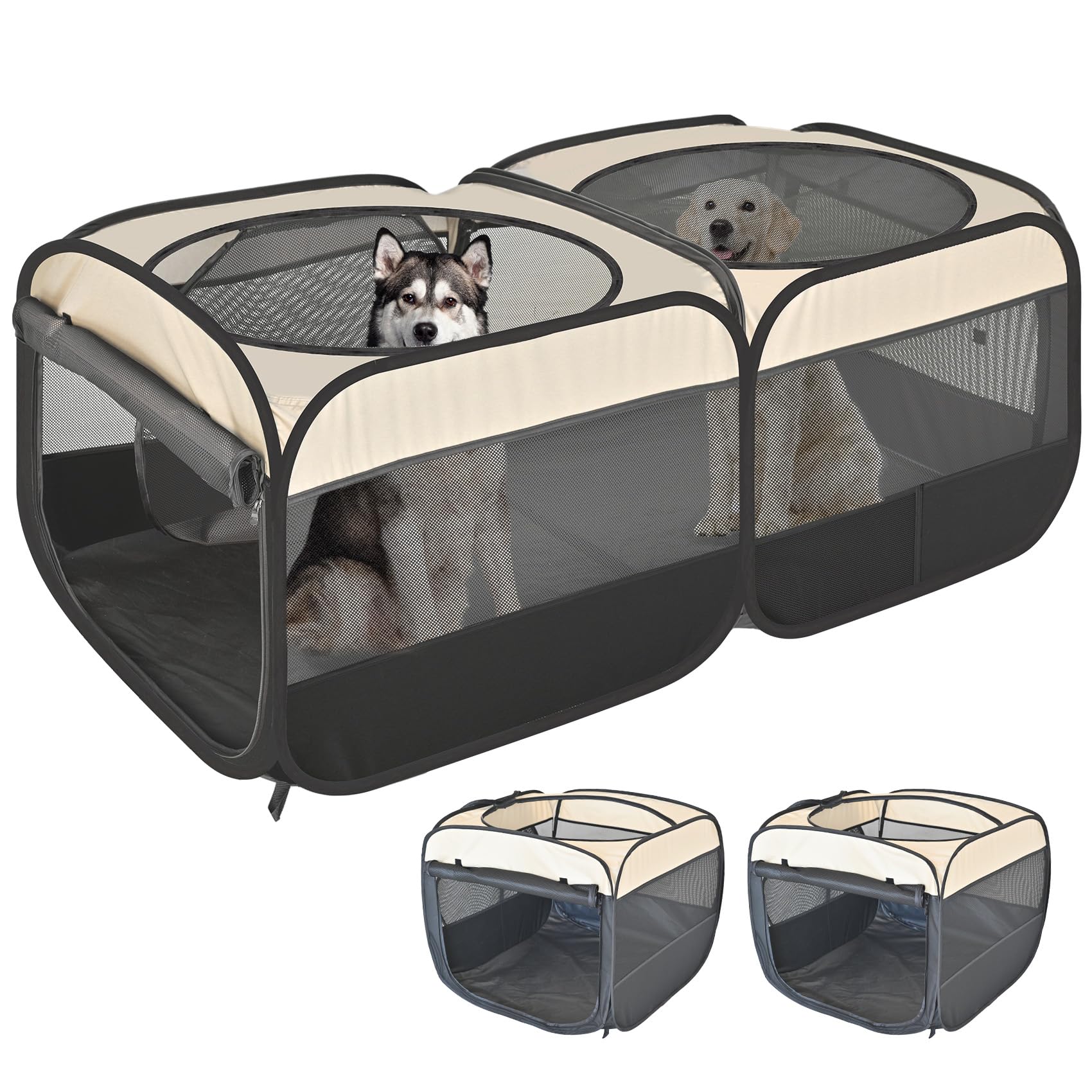 2-in-1 Pop Up Puppy Playpen, Detachable into 2 Separate Pens with Additional Doors, Assembly-Free Portable Cat Dog Crates Pet Pen Tent Kennel Kitten Enclosure Cage Indoor Outdoor Foldable Condo(L)