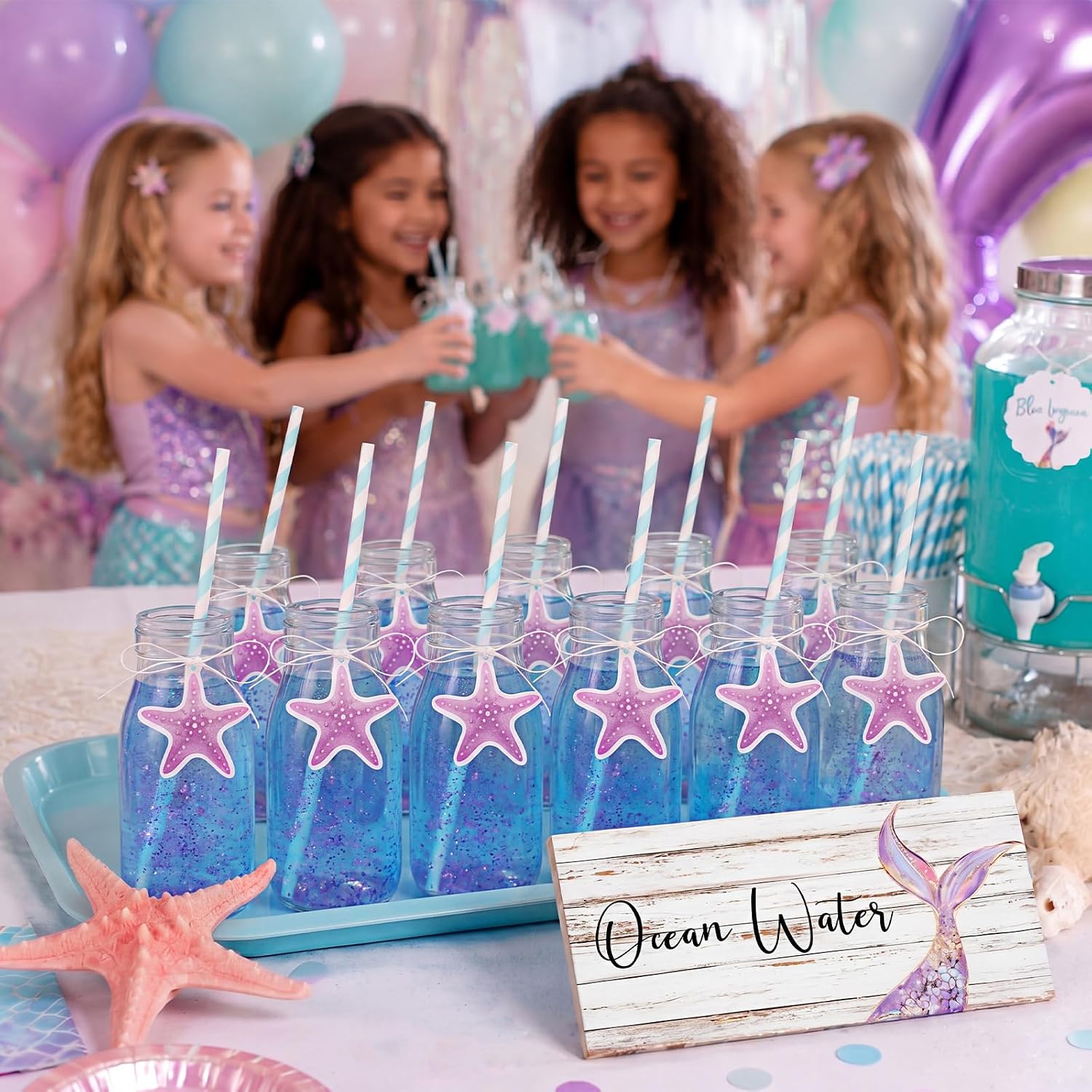 Willinglong 12 Set Mermaid Party Decorations Glass Cups with Straw and Wood Ocean Water Sign Set Mermaid Birthday Decorations Under the Sea Reusable Cups for Birthday Baby Shower Ocean Party Supplies