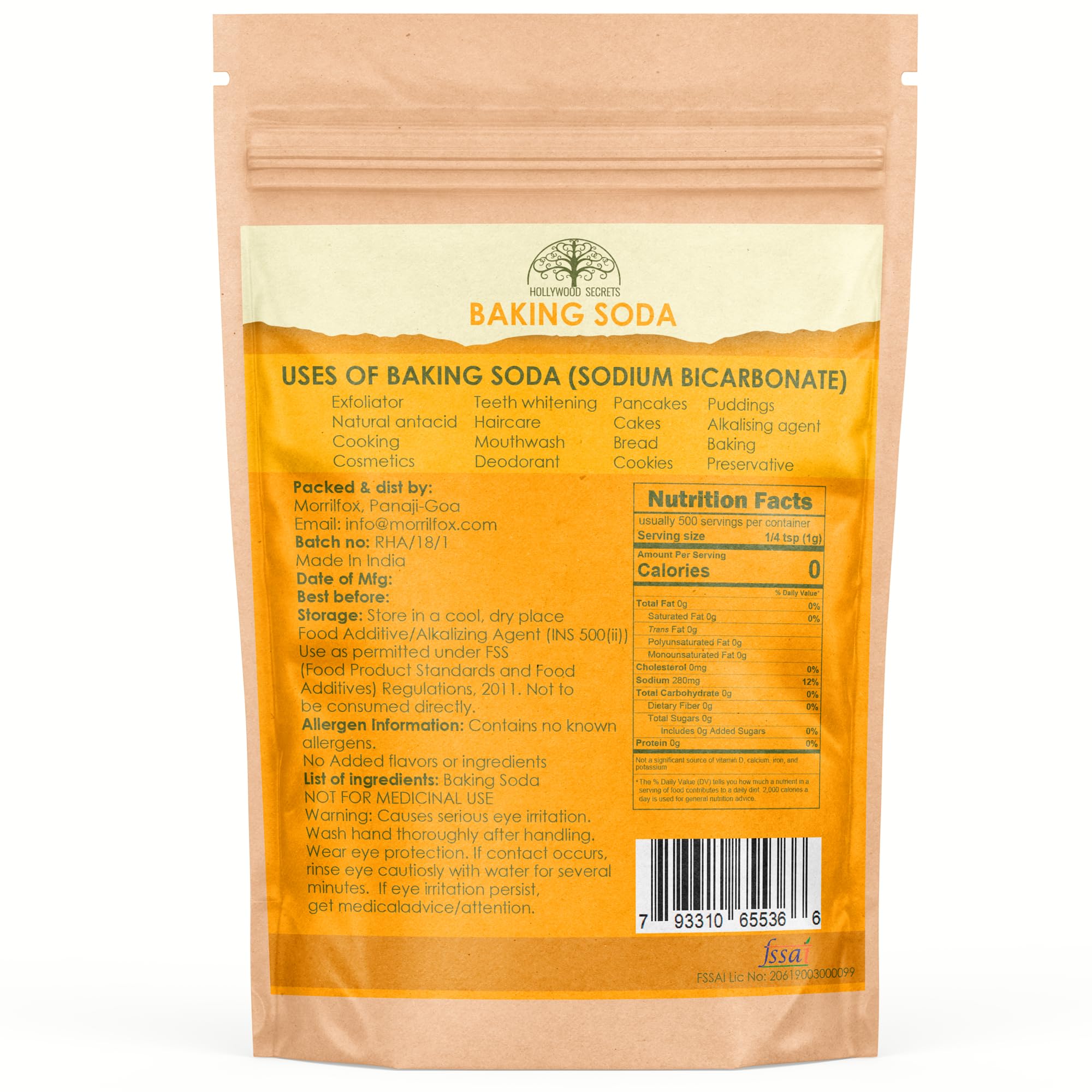 Hollywood Secrets Baking Soda Pure Food Grade Sodium Bicarbonate 500gm for Baking & Cleaning