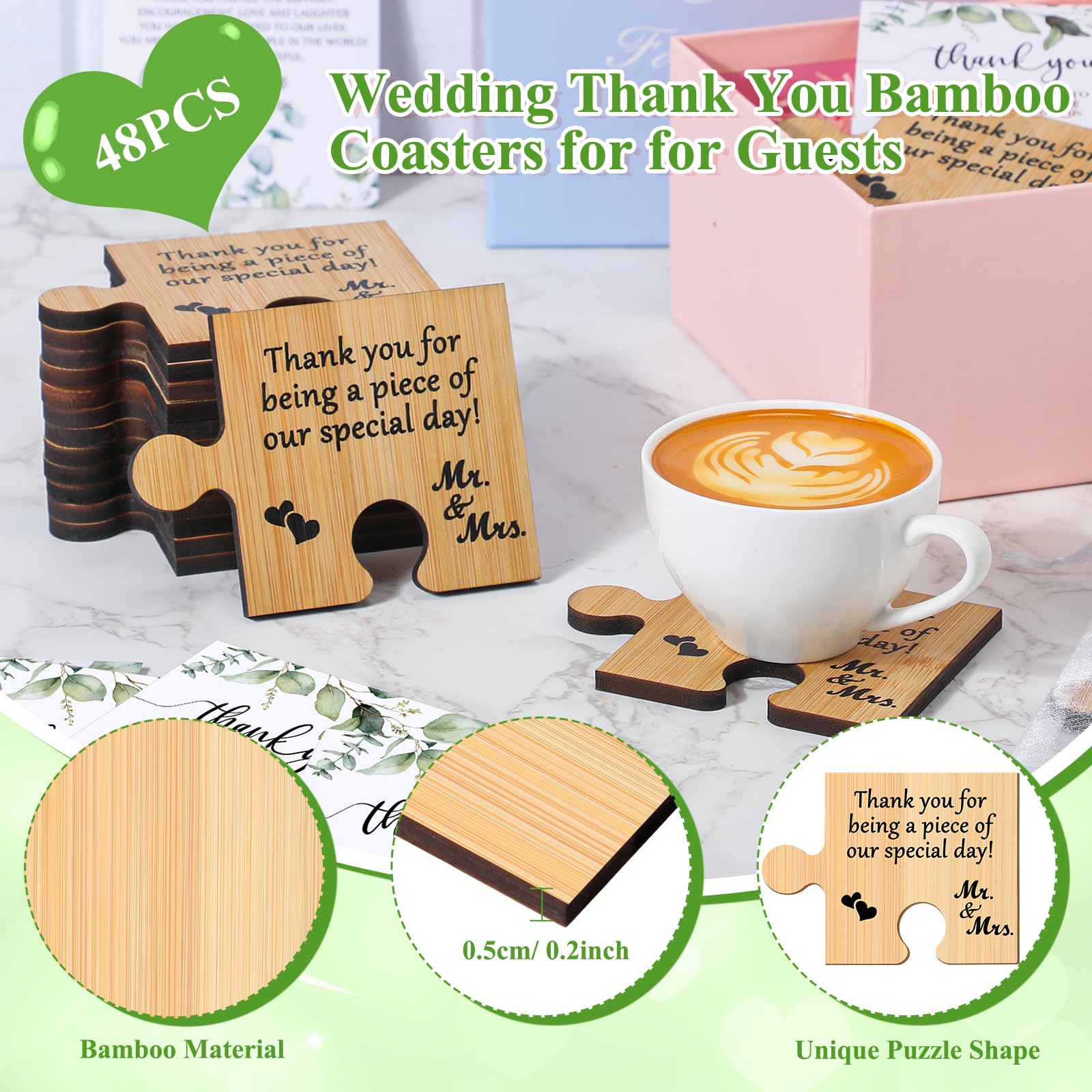 Uiifan 48 Sets Hochzeitsgeschenke für Gäste, 48 Puzzleteil-Untersetzer, Bambus-Untersetzer, 48 Hochzeits-Dankeskarten und Organza-Beutel, Hochzeitsgeschenke, Brautpartys, Gastgeschenke für Gäste,