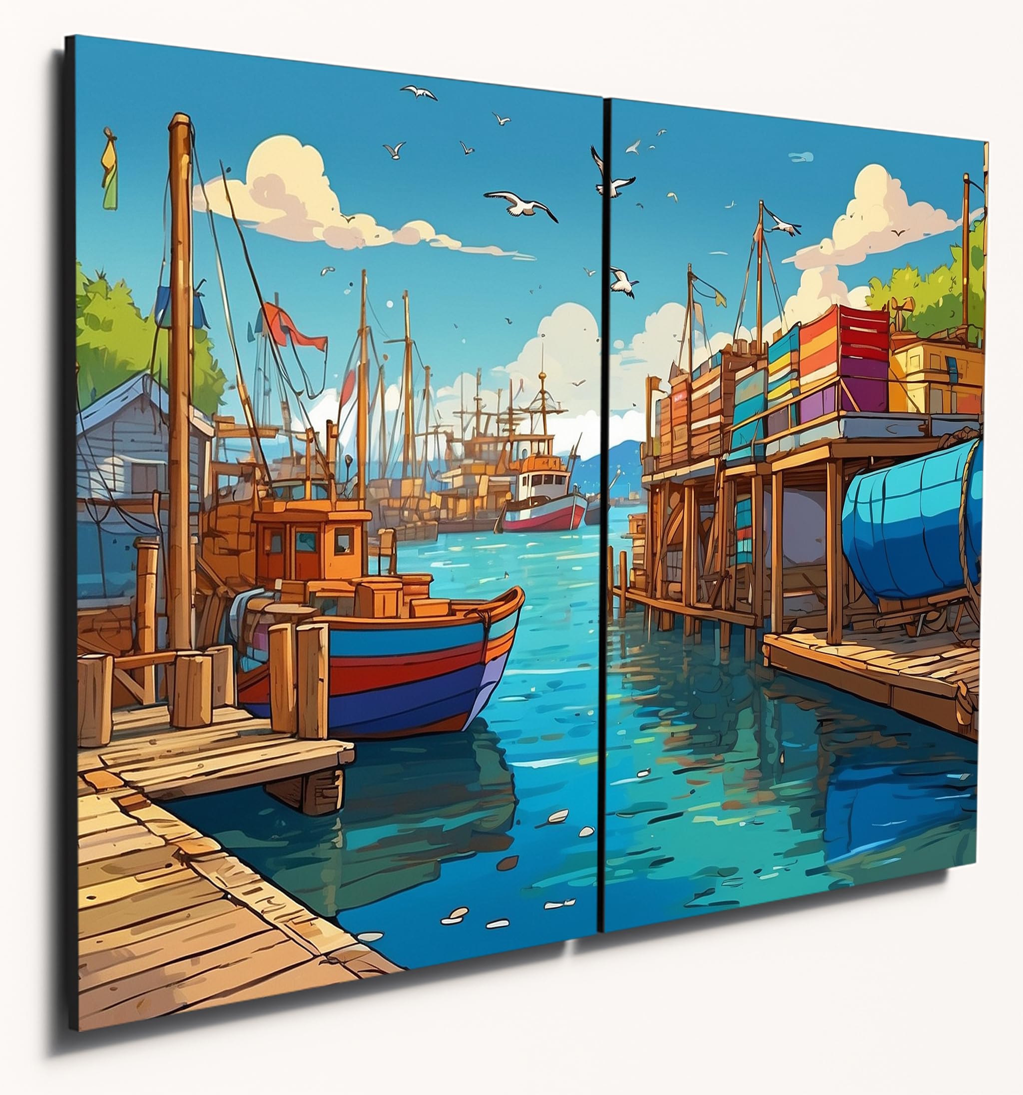 The Plum Penguin Design 3 Colourful Wharf Scene Wooden Wall Art - Dual A4 Mdf Prints For Home Decor Canvas Alternative 40 X 30Cm