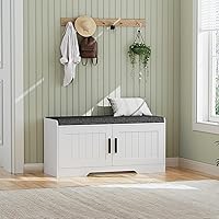 Homleke 2-Tier Shoe Storage Bench with Thick Padded Cushion, 2 Doors & Adjustable Shelf, 37.4"W Entryway Bench, White, 440 lbs Capacity