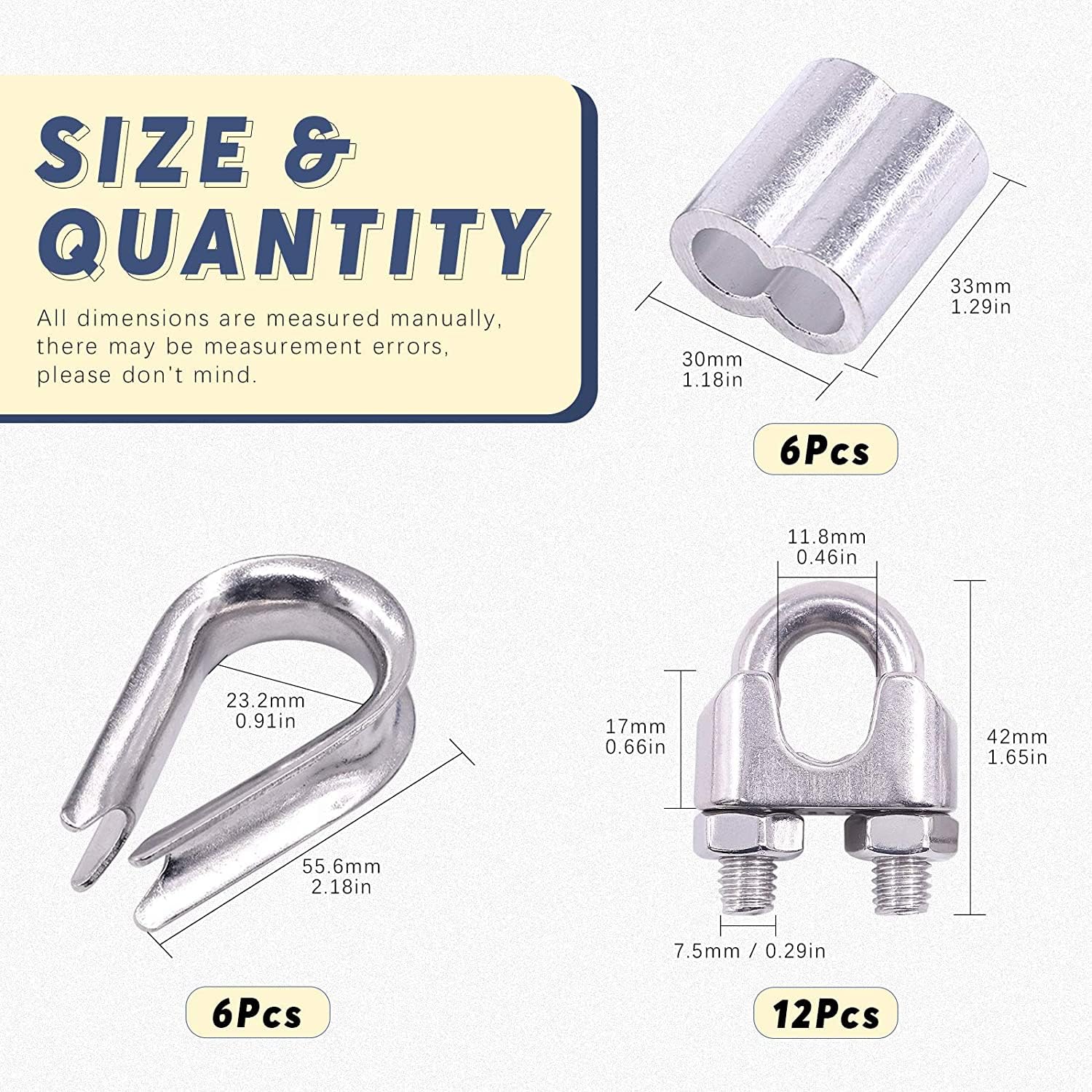 Morsetti per Fune 16 Pz 304 Morsetti for Cavi in ​​​​Acciaio Inossidabile for Ditale e Kit di assortimento Maniche a crimpare in Alluminio M10