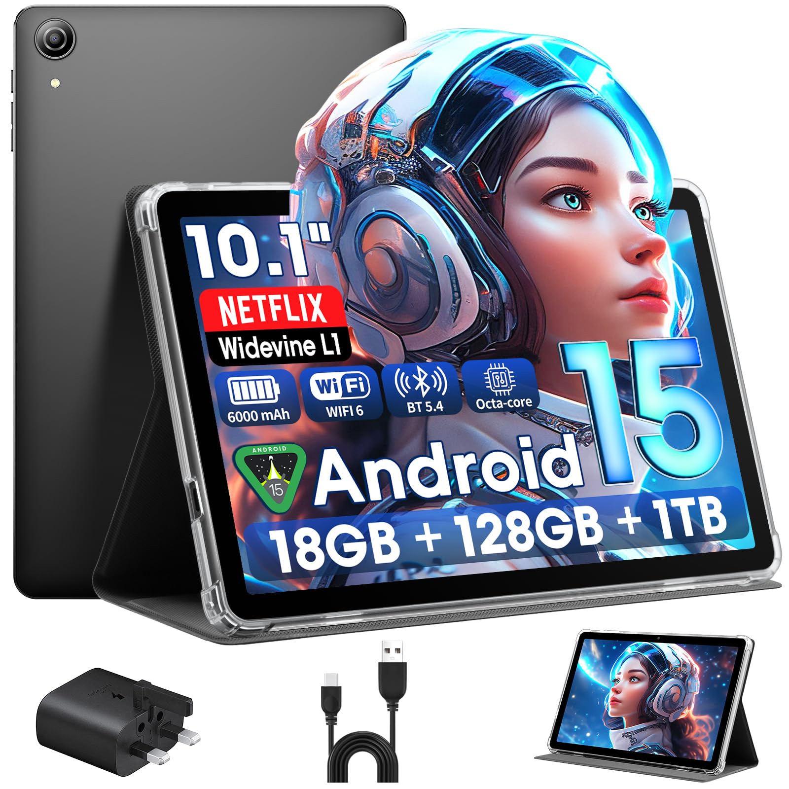 Raemond Android 15 Tablet 10 Inch with Case, 18GB RAM 128GB ROM