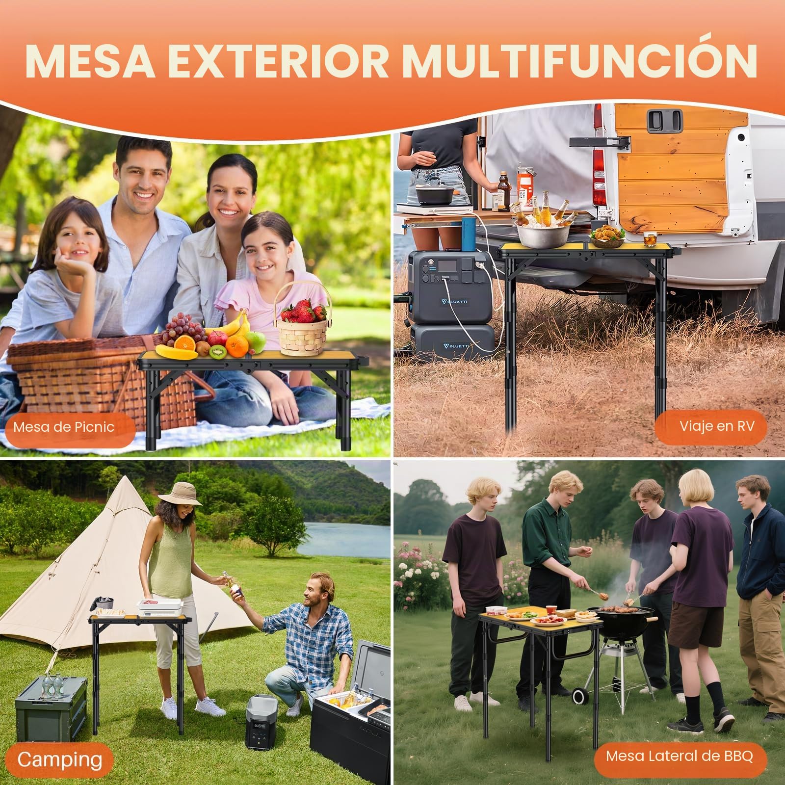 FUNYKICH Mesa de Camping Plegable 58 x 40 cm, Mesa Plegable Camping Portátil de Aluminio con 3 Alturas Ajustables (26/48/70 cm), Panel de MDF, para Picnic, Camping y Barbacoa, Ligero y Estable