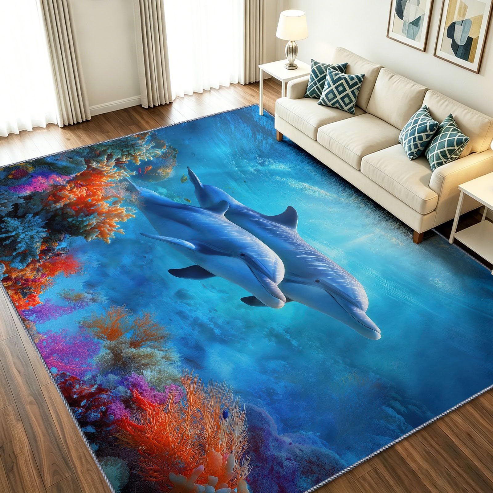 Tapis animal botanique corail dauphin bleu pour sublimer la décoration