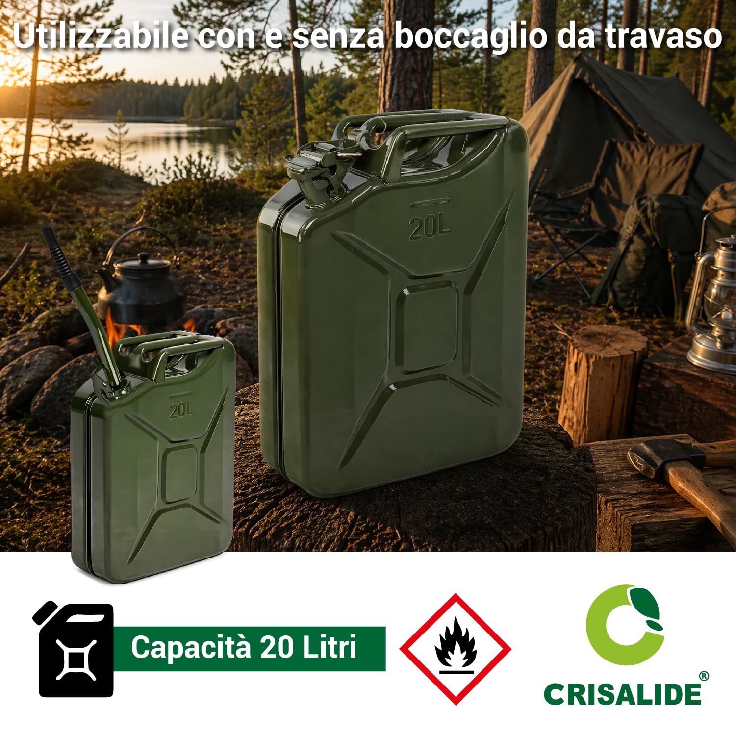 Crisalide® - Bidón de combustible de acero, 5 l, 10 l, 20 l con boquilla de transporte, homologado para transporte de gasolina y gasóleo, antioxidante, cierre hermético, bidón de gasolina de metal (20