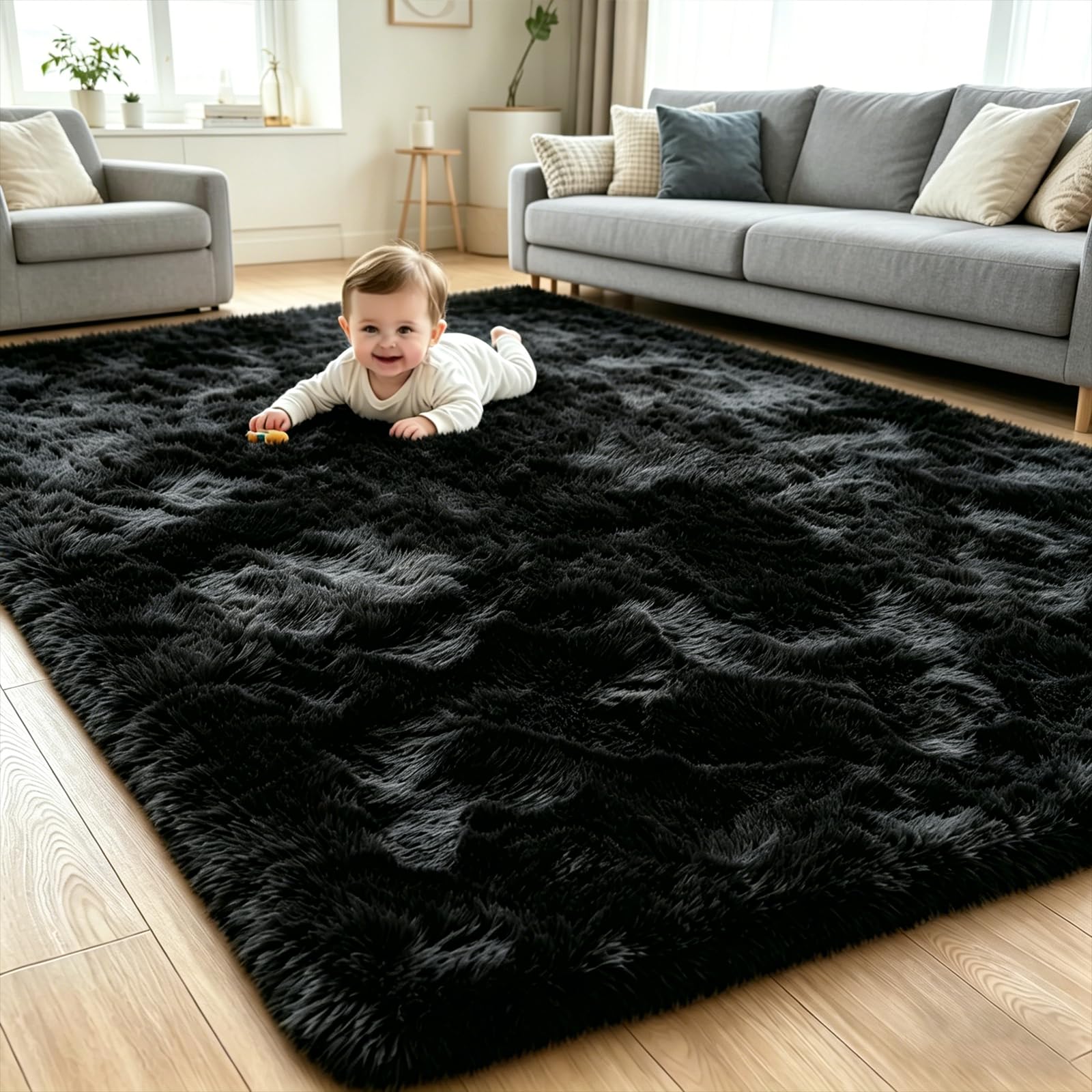 Luoven Fluffy Thick Large Rugs Living Room 160 x 230 cm, Black — image 1