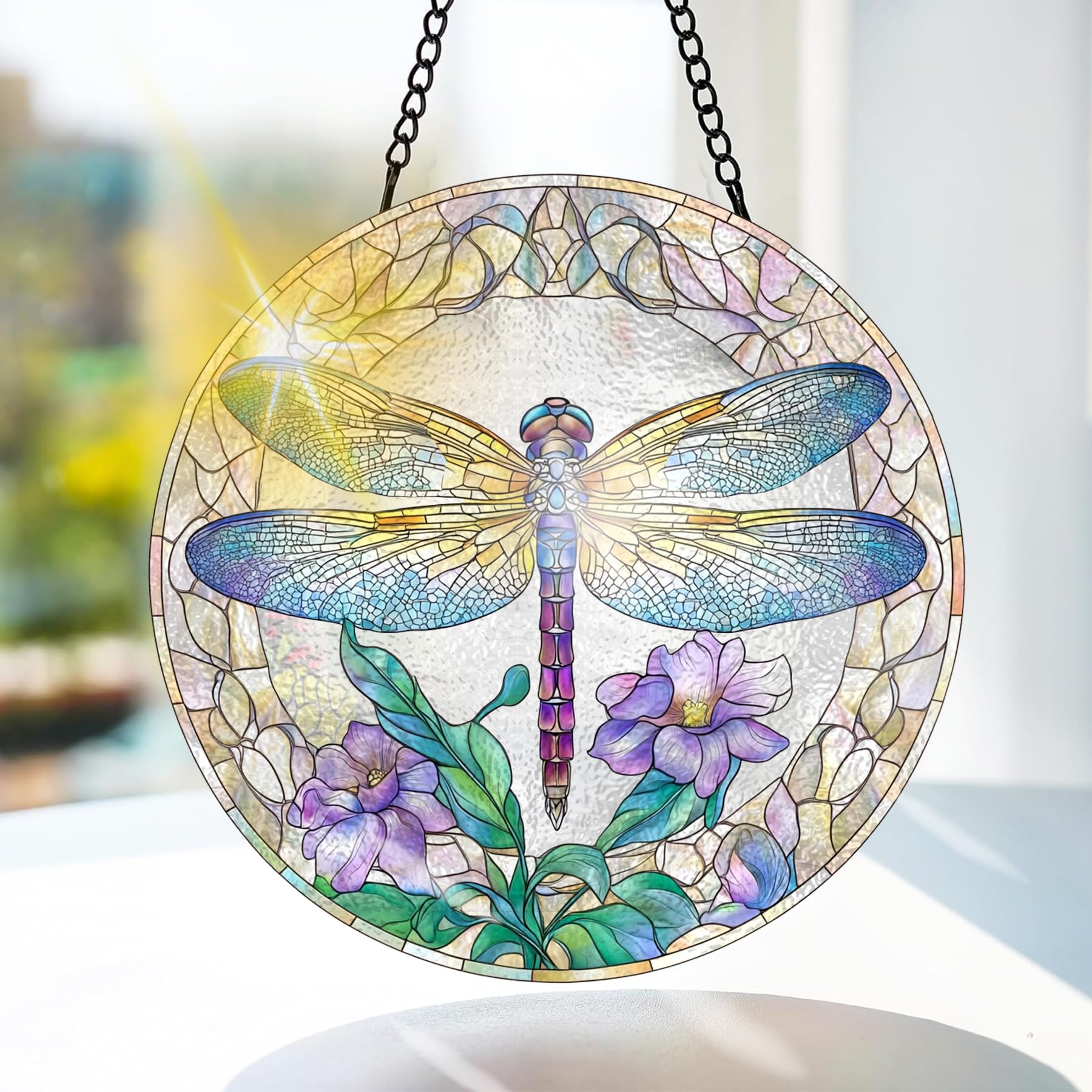 Bimkole Dragonfly Stained Glass Suncatcher Window Hanging - Flower Indoor Window or Doorway Decoration - Handmade Sun Catcher Decor for Garden Home Christmas & Birthday Gifts 7.87x7.87 inch