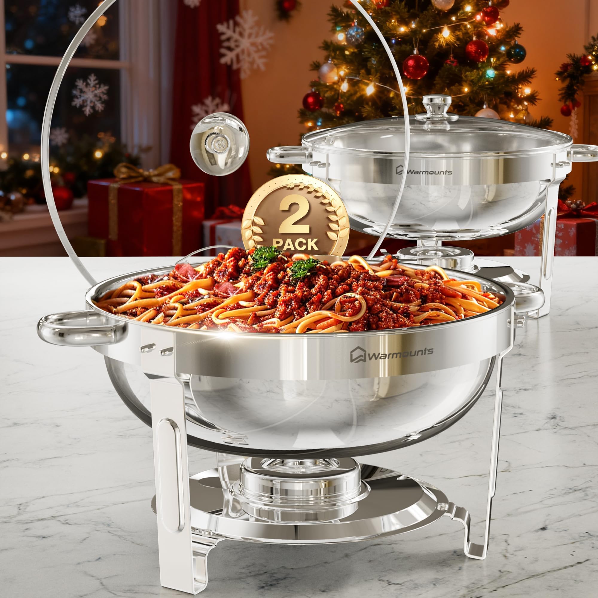 WARMOUNTS 5QT Round Chafing Dishes for Buffet with Glass Lid 2 Pack, Chafers and Buffet Warmers Set with Mirror-Polished Stainless Steel, Rolled Rim, Stackable, Lid Holder for Parties, Catering