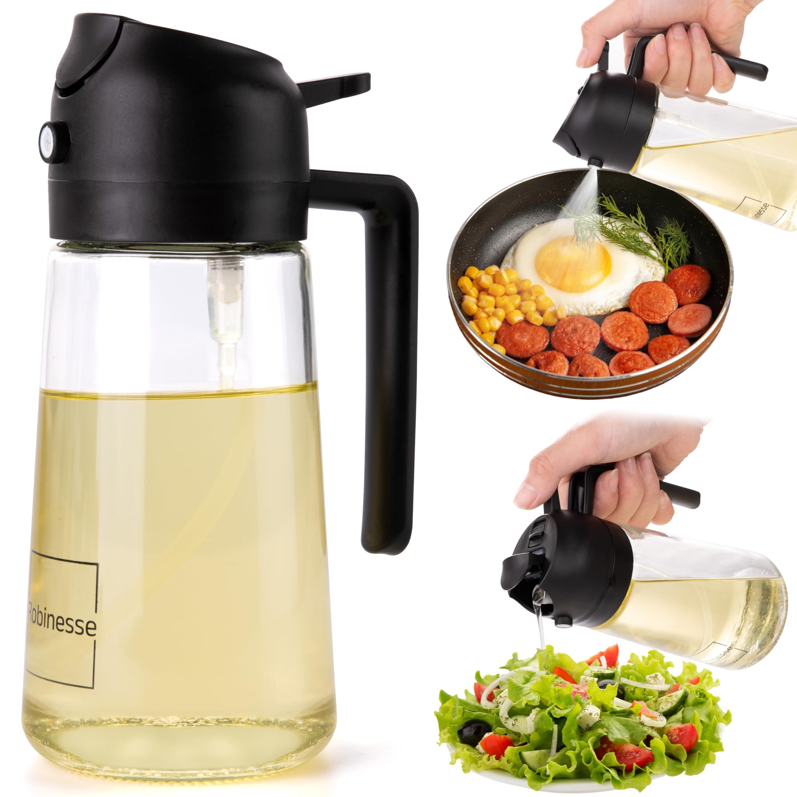 Pulverizador y dispensador de aceite 2 en 1, con botella de vidrio de aceite de oliva para cocinar, y convertirlo en freír al aire, ensalada, barbacoa y hornear, color negro
