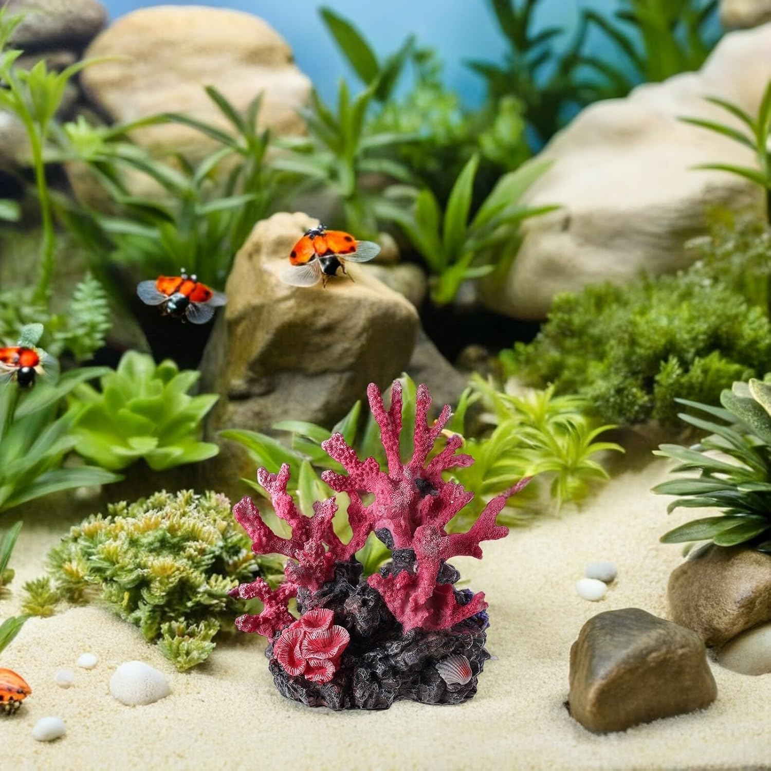 2pcs Large Simulated Resin Coral Ornaments with Orange and Pink Base, Artificial Coral Reef Decorations for Aquarium Fish Tank Landscaping, Ocean Theme Aquarium Décor