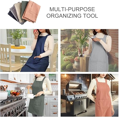 Miniatura 6 de ELEZAY Delantales para mujer con bolsillos, talla grande, cómodo, espalda cruzada, sin lazo, delantal de lino y algodón