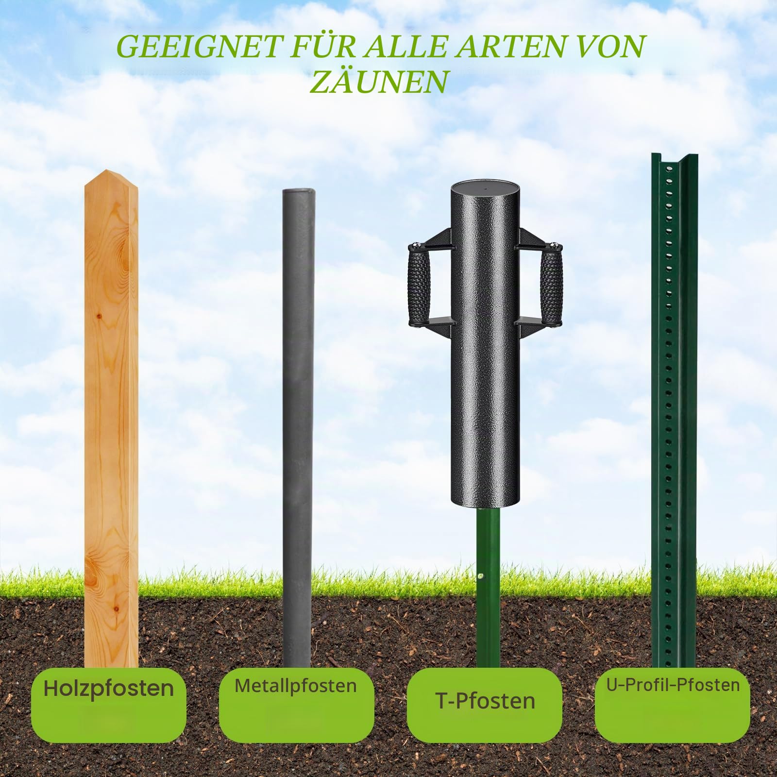 Insaga Verbesserter Pfostentreiber mit rutschfesten Griffen, T-Pfostentreiber, Hochbelastbare Stahl-Pfostenramme für Metallpfosten, T-Pfosten, U-Profile (9,4 cm Durchmesser x 58,4 cm Länge, 7,3 kg)