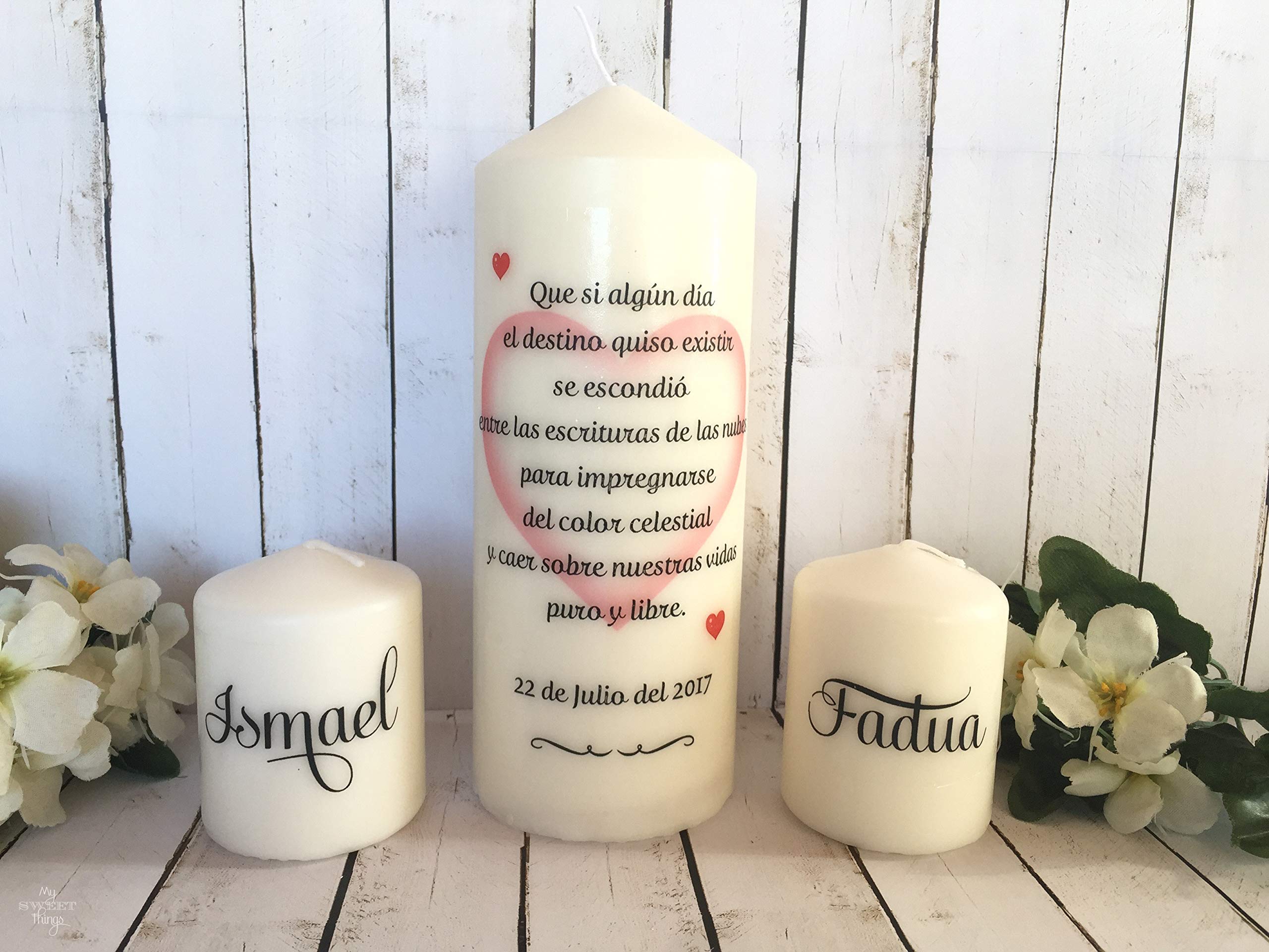 Velas personalizadas boda, aniversario o compromiso"Trio"